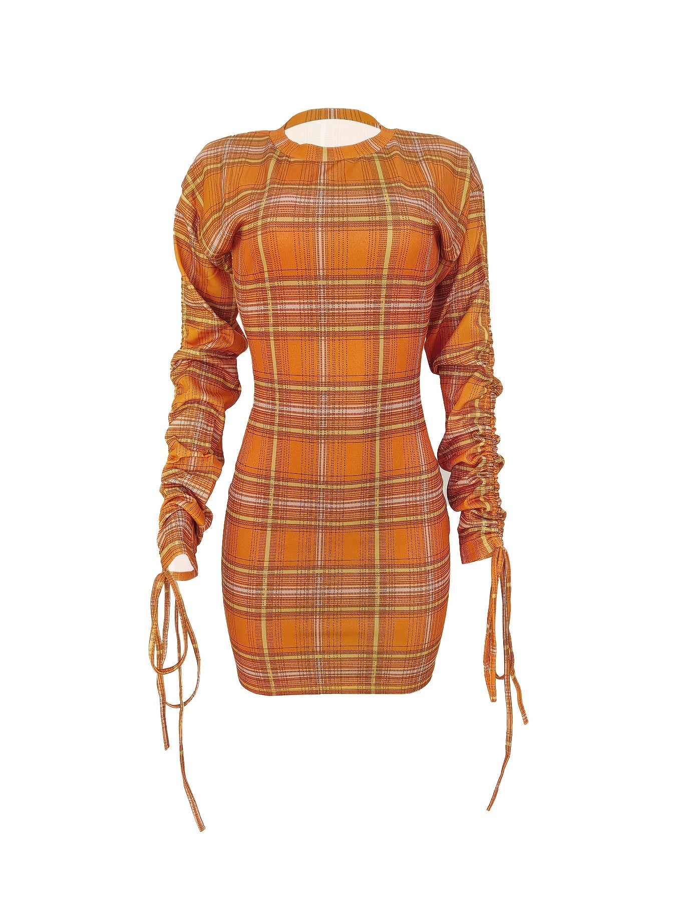 Sixsr Plaid Drawstring Bodycon Dress, Crew Neck Long Sleeve Dress, Casual Every Day Dress, Women's Clothing