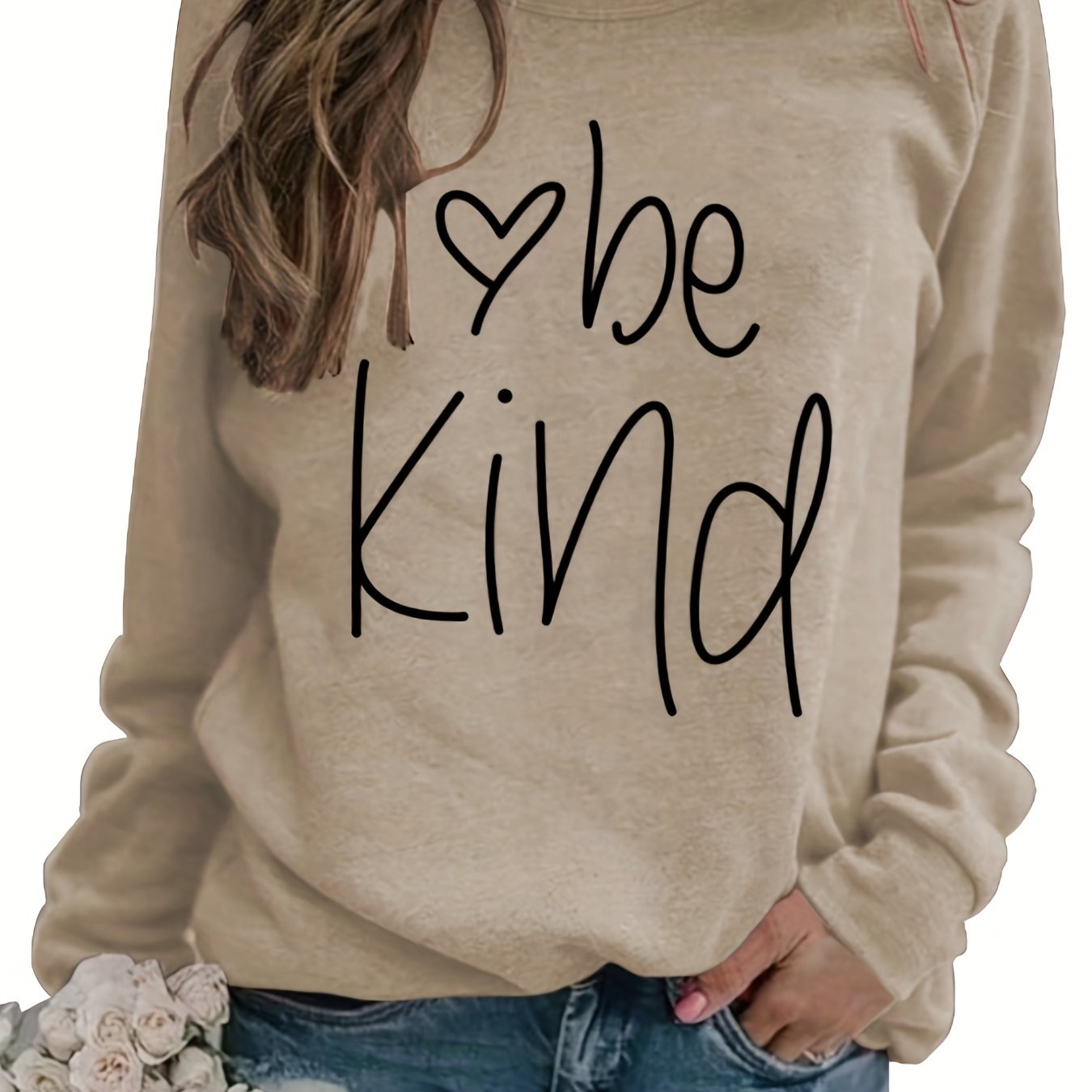 Sixsr Be Kind Letter Print Sweatshirt, Long Sleeve Crew Neck Pullover Sweatshirt, Casual Tops For Fall & Winter, Women's Clothing