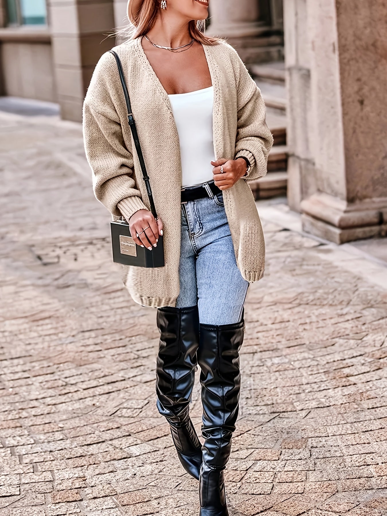 Sixsr Plus Size Casual Cardigan, Women's Plus Plain Long Sleeve Open Front High Stretch Cardigan
