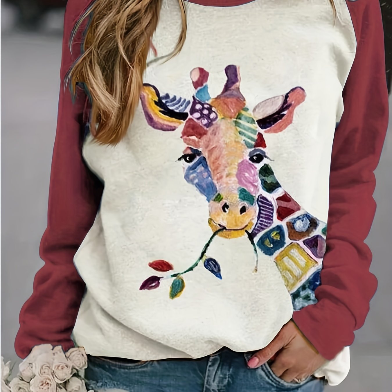 Sixsr Plus Size Casual Sweatshirt, Women's Plus Colorblock Giraffe Print Long Sleeve Round Neck Pullover Sweatshirt