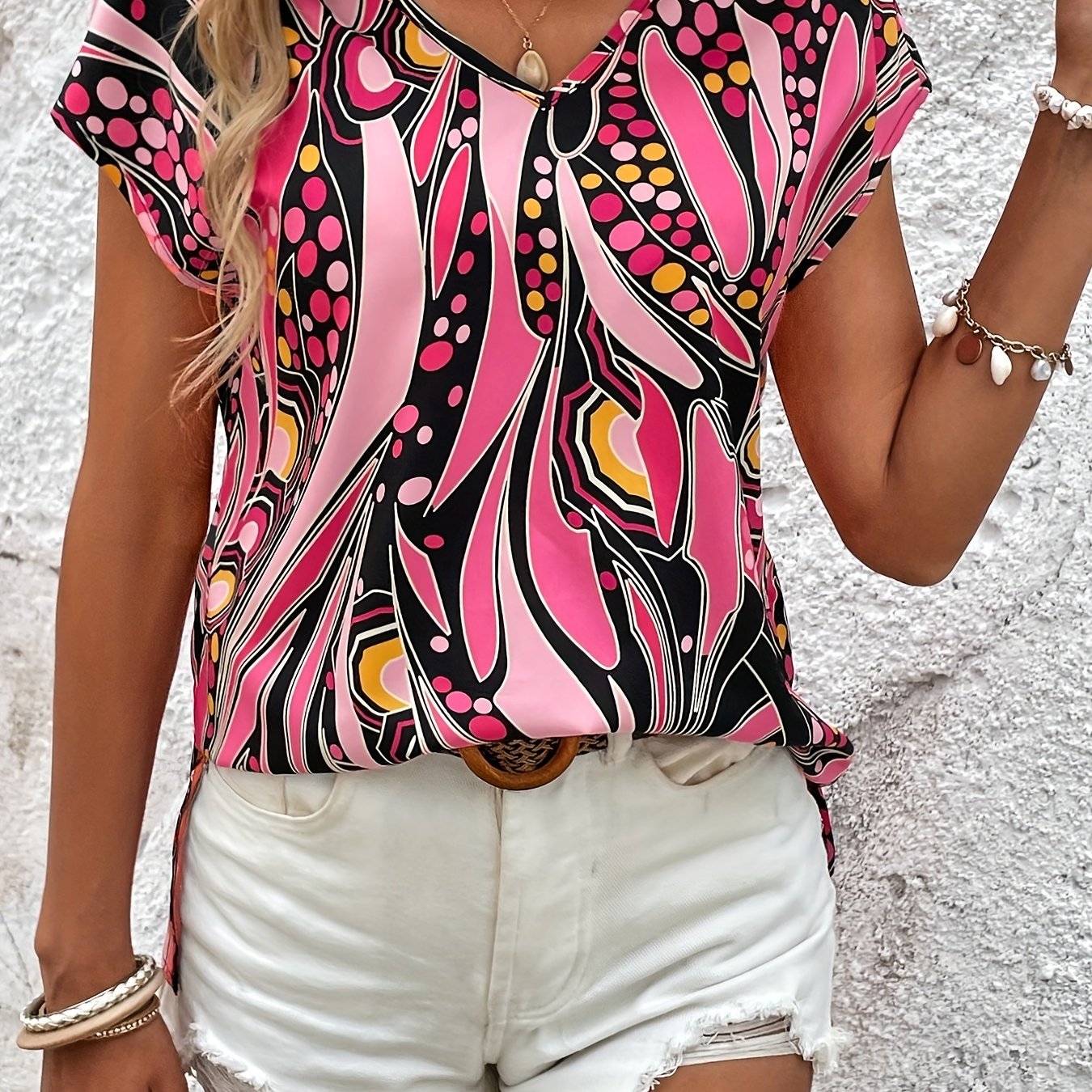 Sixsr All Over Print V Neck T-Shirt, Casual Short Sleeve T-Shirt For Spring & Summer, Women's Clothing
