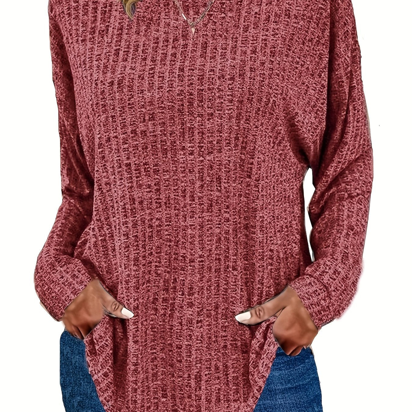 Sixsr Plus Size Casual Sweater, Women's Plus Solid Ribbed Long Sleeve Round Neck Knit Top