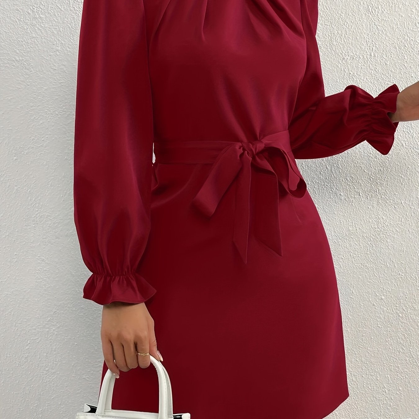 Sixsr Tucked Solid Dress, Elegant Mock Neck Lantern Sleeve Dress, Women's Clothing
