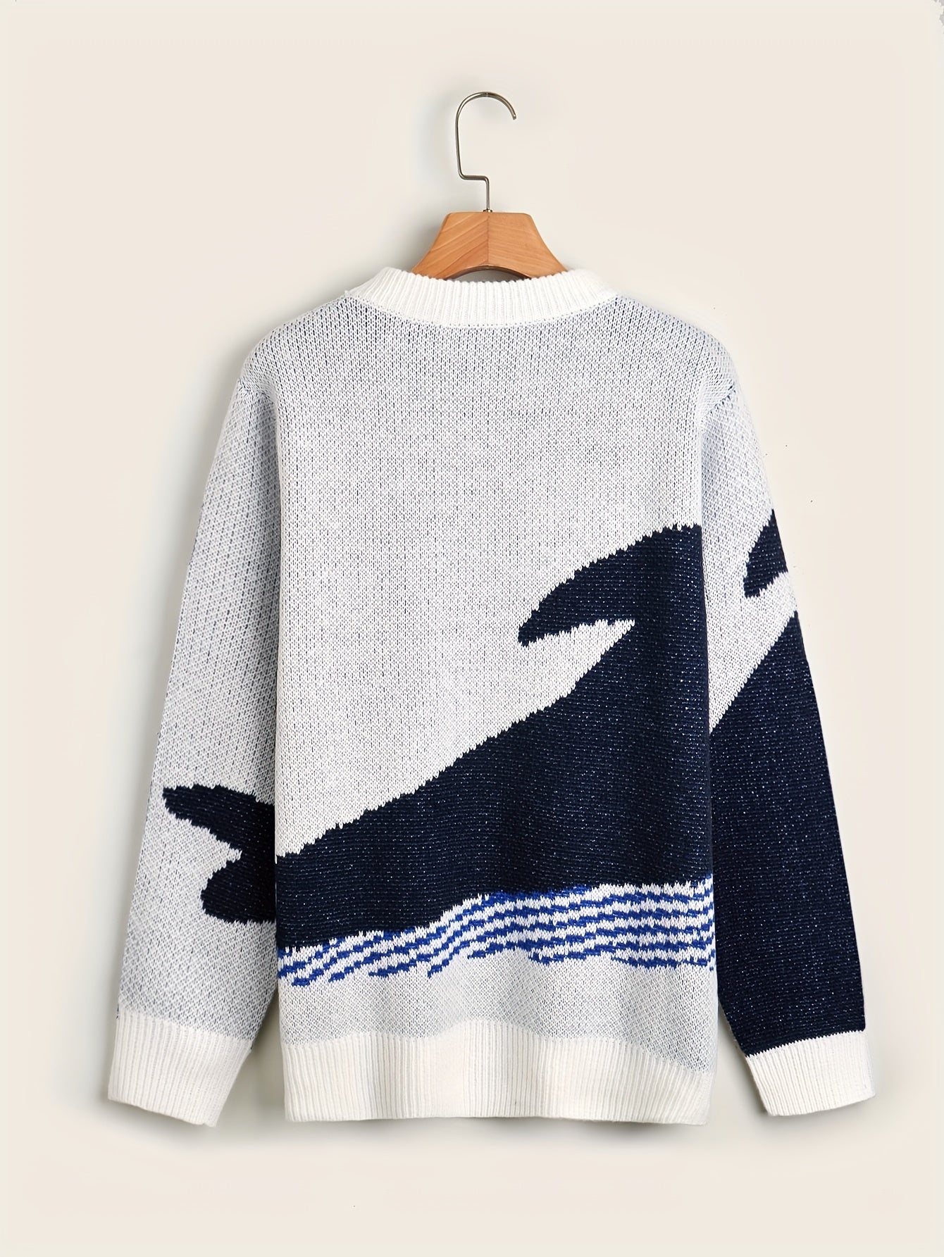 Sixsr Cartoon Whale Print, Loose Fit Warm Sweater, Men's Casual Retro Style Slightly Stretch Crew Neck Pullover Sweater For Fall Winter