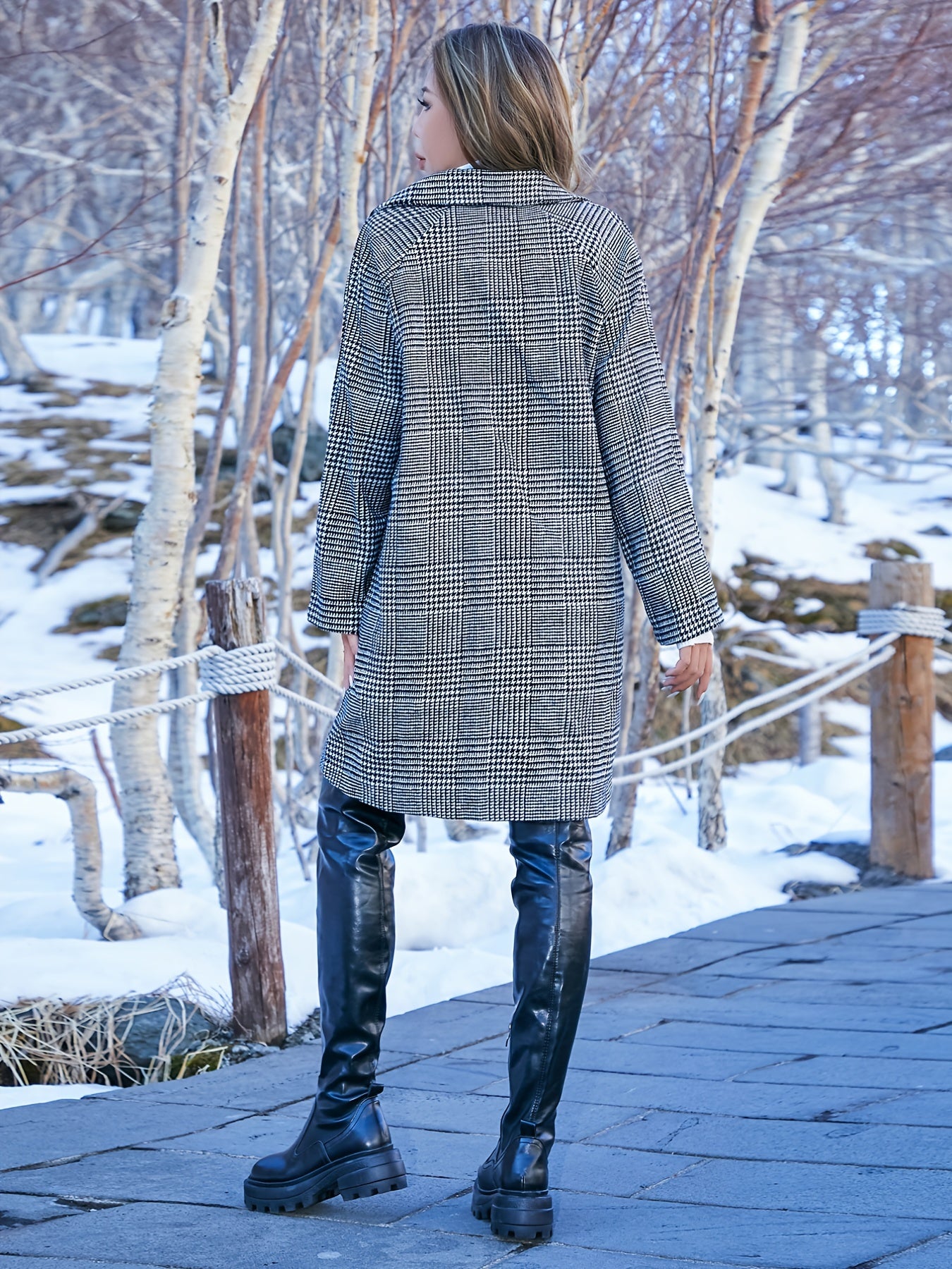 Sixsr Houndstooth Pocket Lapel Coat, Casual Long Sleeve Fashion Loose Outerwear, Women's Clothing