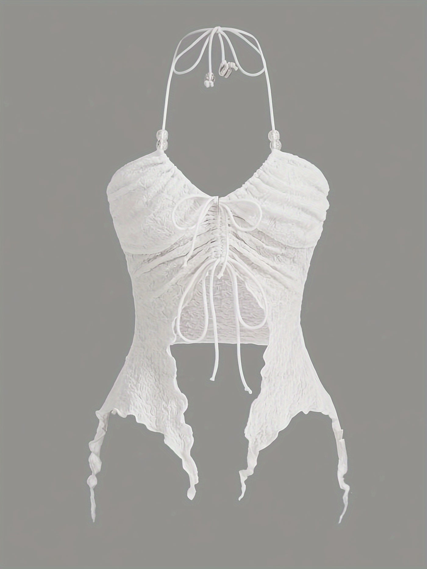 Sixsr Y2K Drawstring Asymmetric Hem Halter Top, Lettuce Trim Bead Detail Top, Women's Clothing