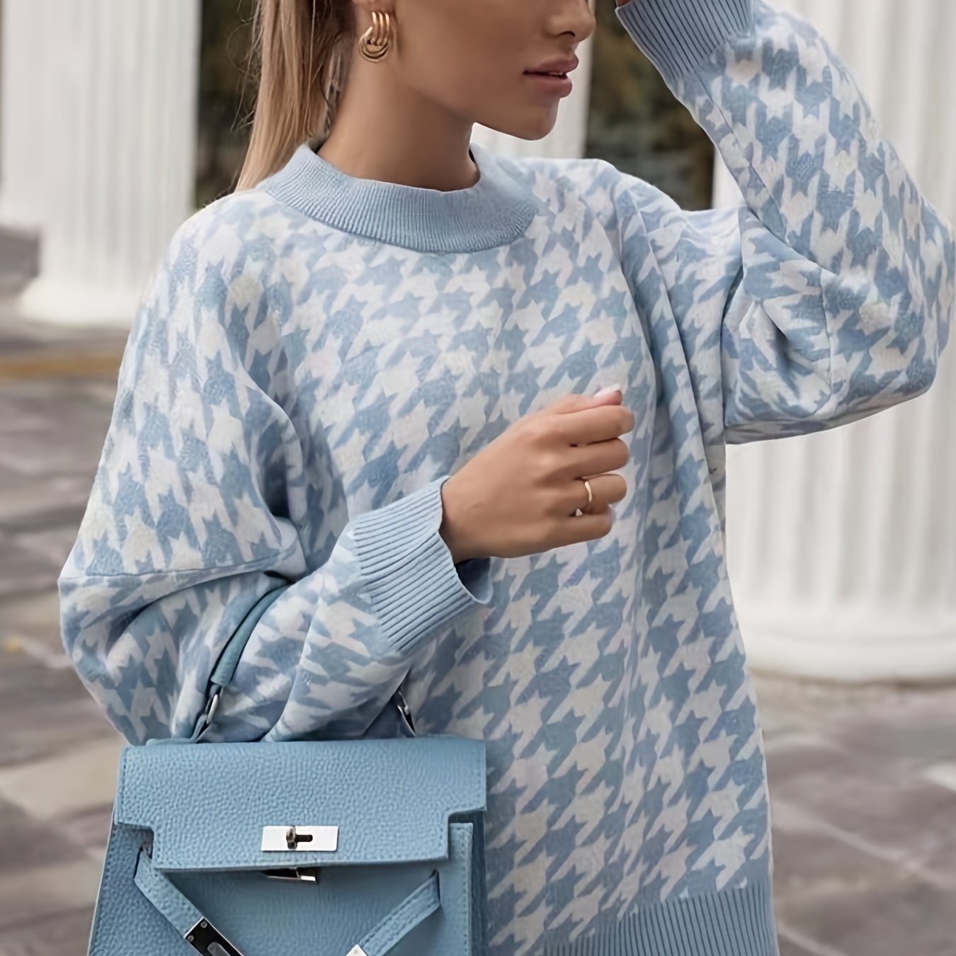 Sixsr Houndstooth Print Knitted Sweater, Casual Long Sleeve Loose Sweater For Fall & Winter, Women's Clothing