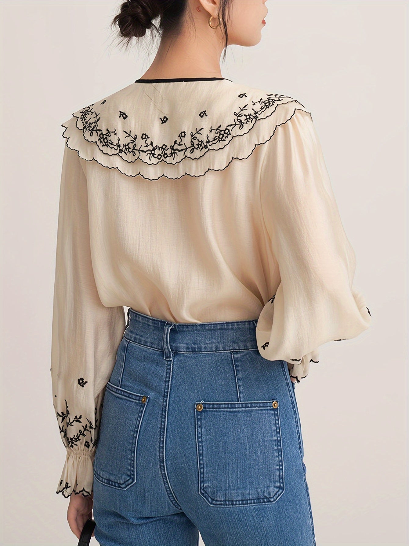 Sixsr Floral Embroidered Button Up Doll Collar Blouse, Long Sleeve Tie Neck Elegant Blouse, Women's Clothing