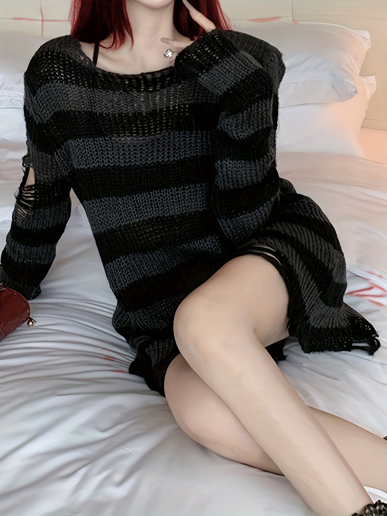 Sixsr Oversized Color Block Ripped Sweater, Casual Long Sleeve Sweater For Spring & Fall, Women's Clothing
