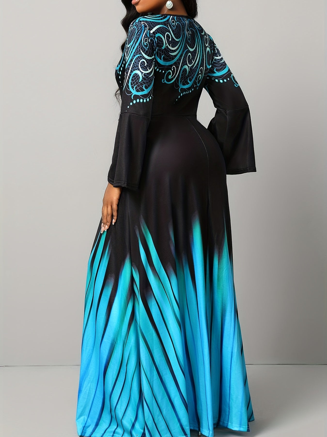 Sixsr Ethnic Print Flare Sleeve Dress, Elegant Color Block Bodycon Maxi Dress, Women's Clothing