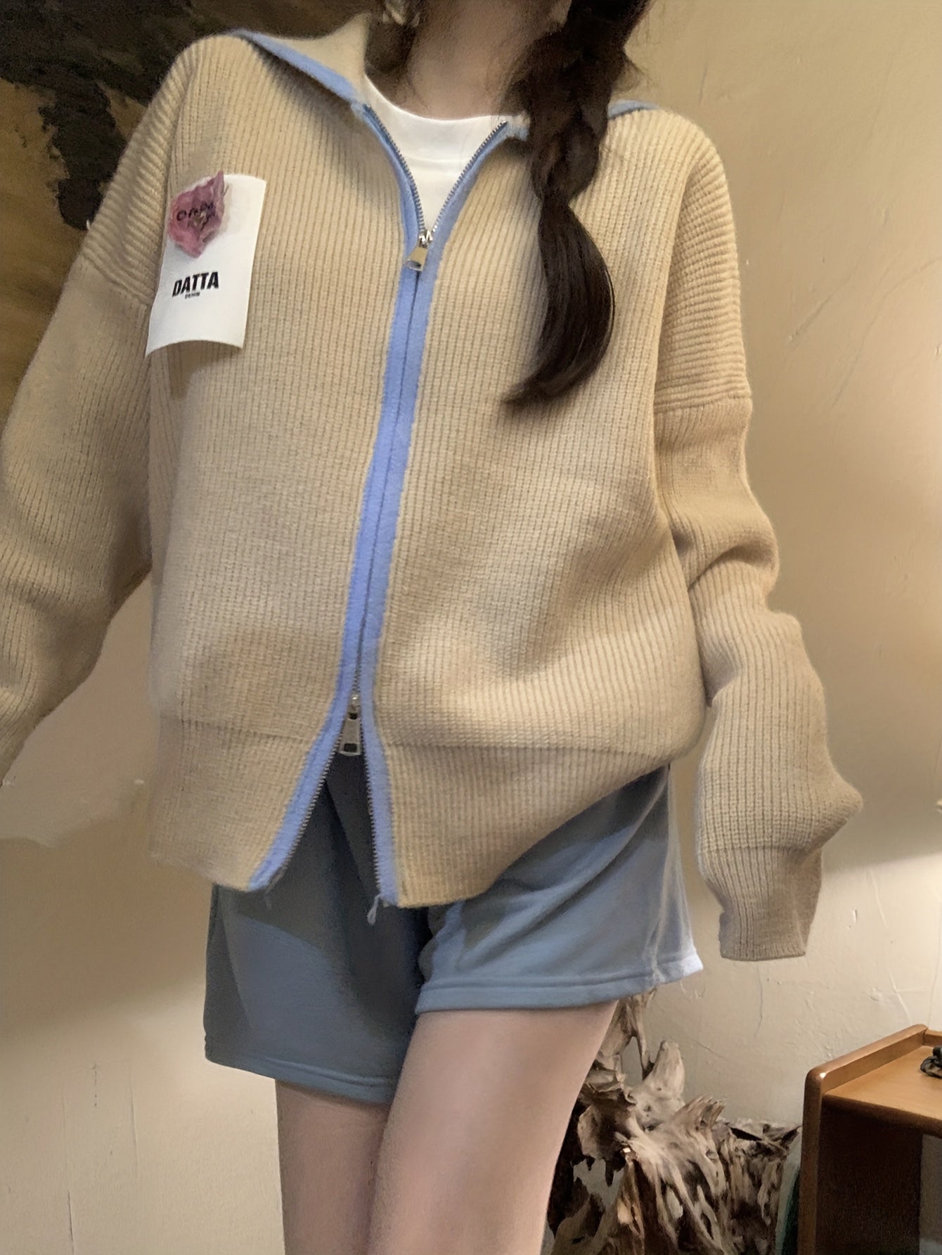 Sixsr Color Block Zip Up Knit Cardigan, Casual Collared Long Sleeve Loose Sweater, Women's Clothing