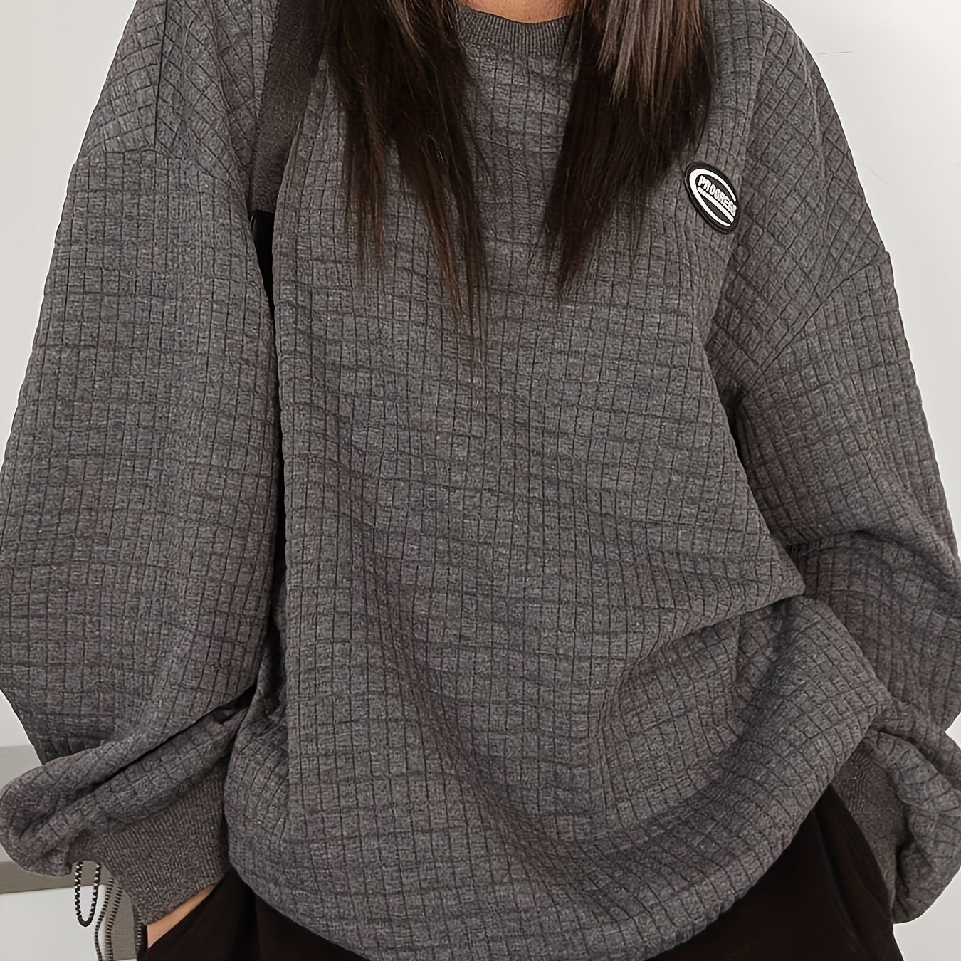 Sixsr Plus Size Casual Sweatshirt, Women's Plus Solid Waffle Patched Detail Long Sleeve Crew Neck Slight Stretch Pullover Sweatshirt, Casual Tops For Fall & Winter, Plus Size Women's Clothing