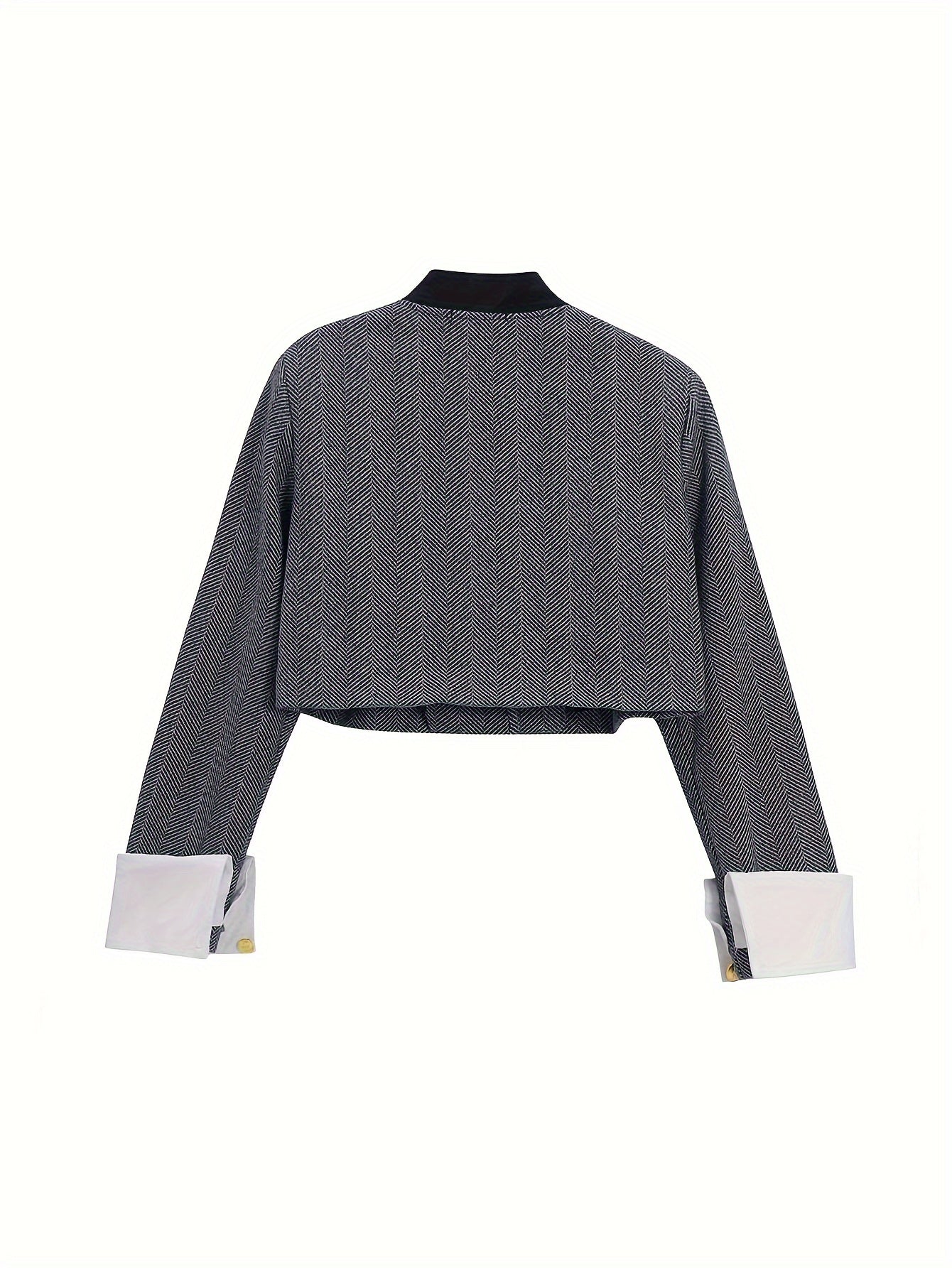 Sixsr Contrast Trim Single Breasted Jacket, Elegant Long Sleeve Stand Collar Outwear For Fall & Winter, Women's Clothing