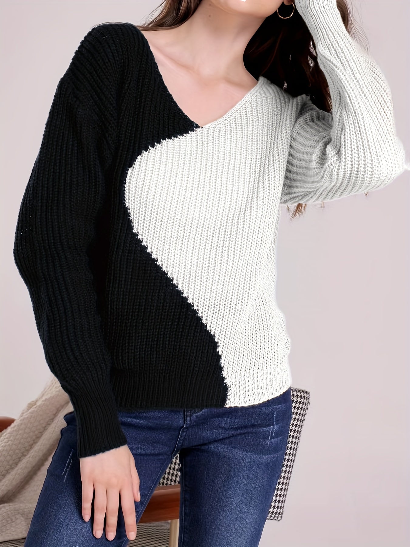 Sixsr Color Block Drop Shoulder Sweater, Casual V-neck Long Sleeve Sweater, Women's Clothing