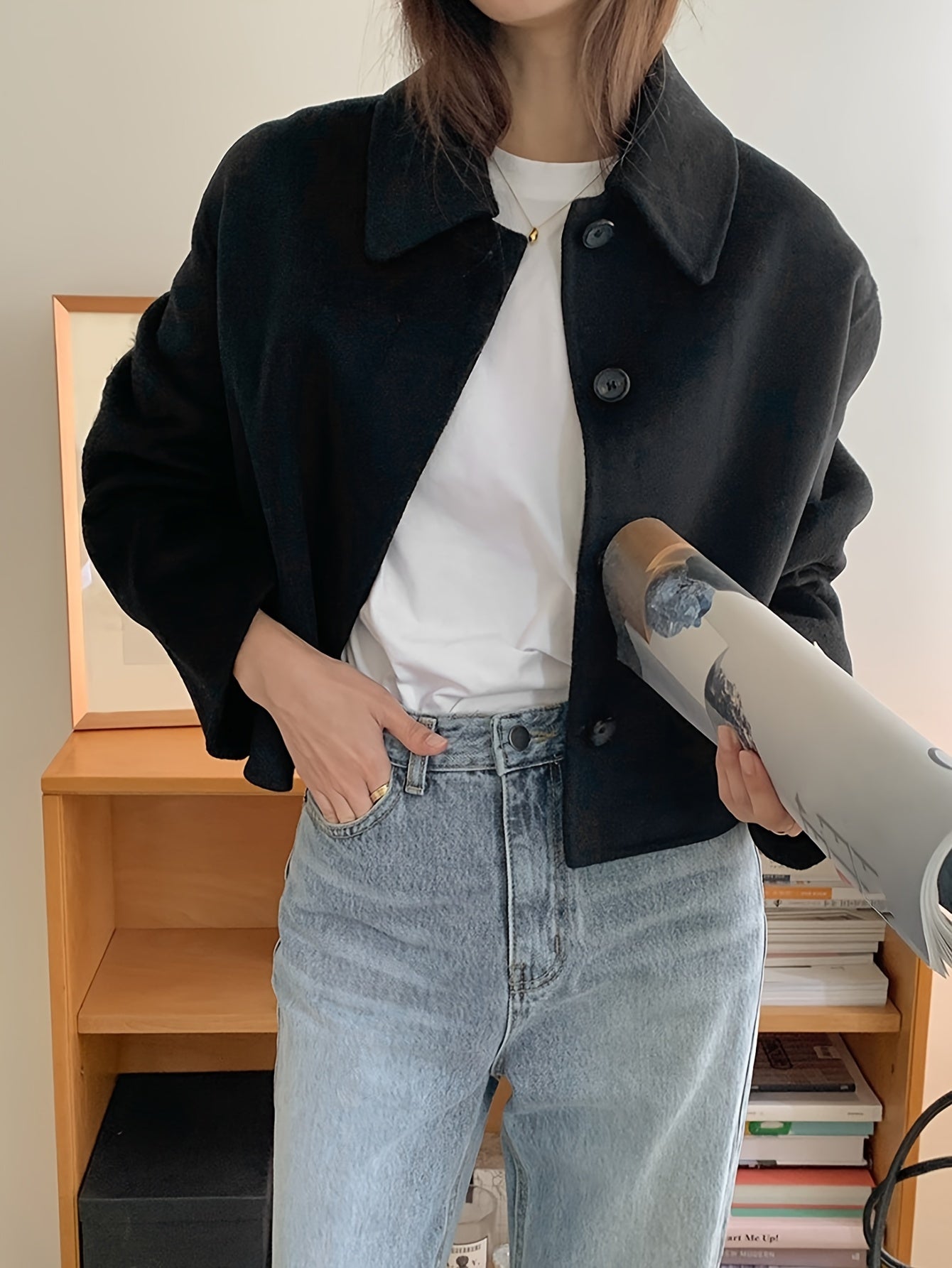 Sixsr Button Front Lapel Neck Jacket, Casual Solid Color Long Sleeve Coat For Fall & Winter, Women's Clothing