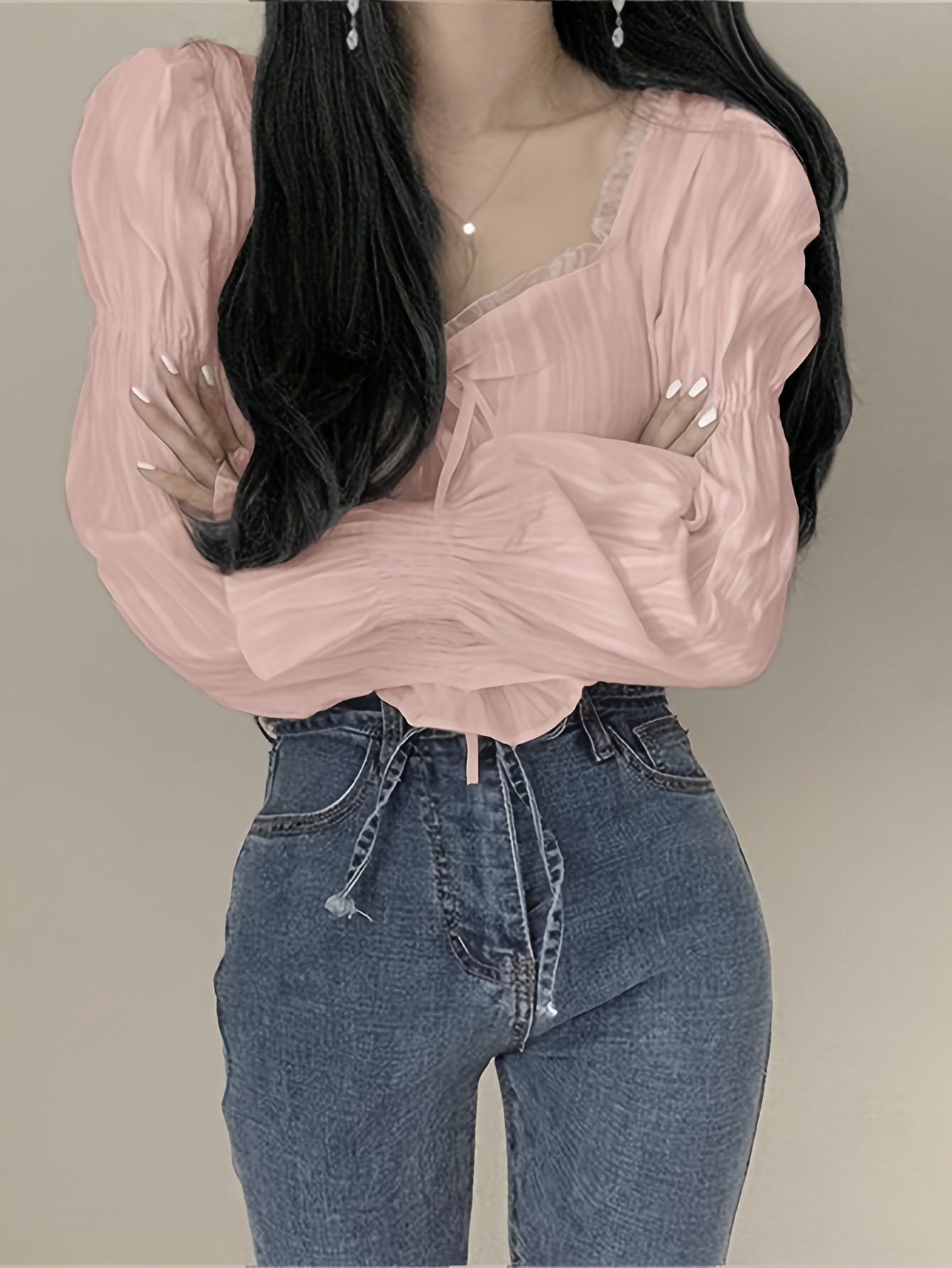 Sixsr Ruffle Trim Sweetheart Neck Blouse, Chic Puff Sleeve Cinched Waist Crop Blouse For Spring & Fall, Women's Clothing