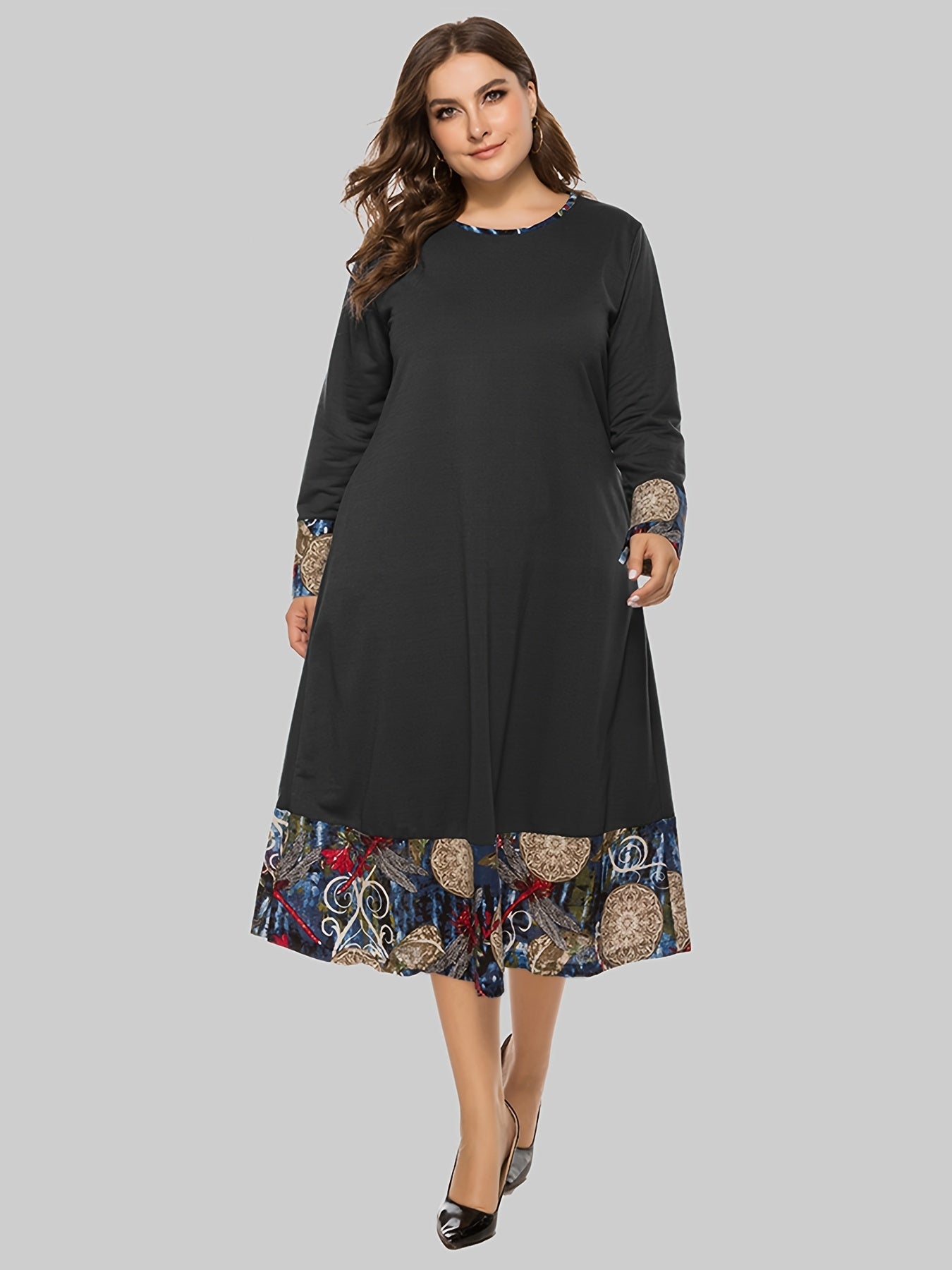 Sixsr Plus Size Colorblock Long Sleeve Maxi Dress, Women's Plus Round Neck Casual Long Dress