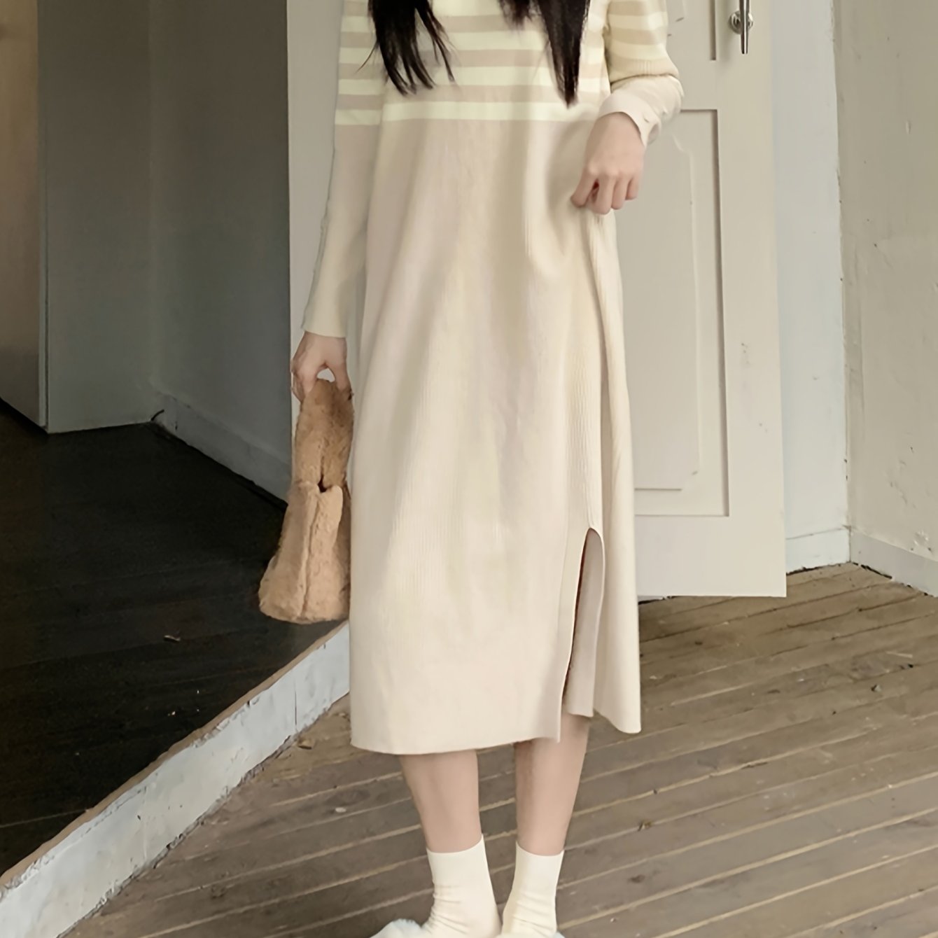 Sixsr Striped Pattern Split Hem Dress, Casual Long Sleeve Dress For Spring & Fall, Women's Clothing