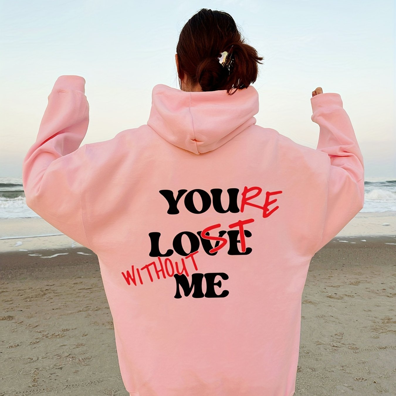 Sixsr Letter Print Back Hoodies, Casual Kangaroo Pocket Long Sleeve Sweatshirt, Women's Clothing