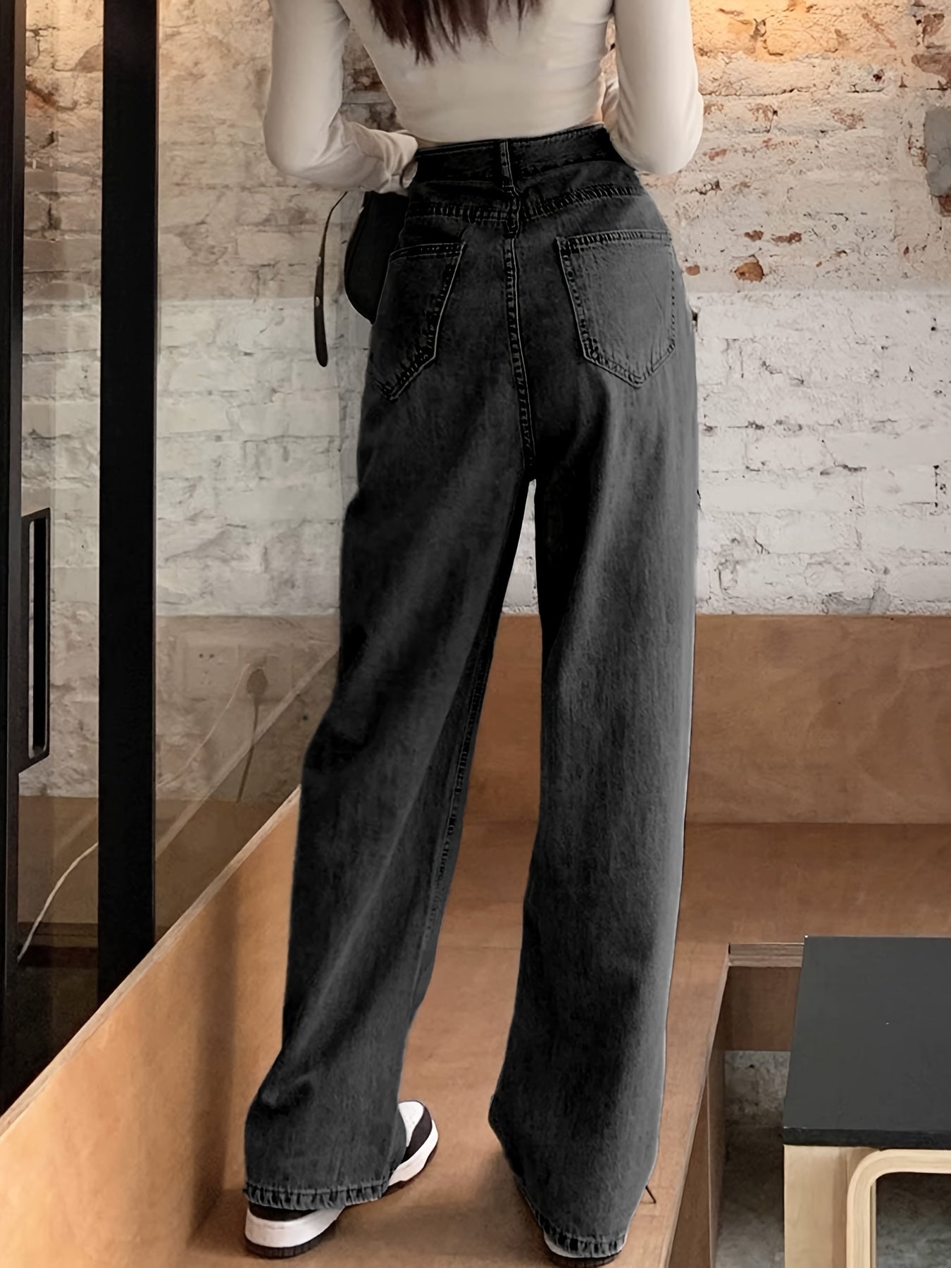 Sixsr Blue Adjustable Buckle Waist Straight Jeans, Loose Fit Slant Pockets High Waist Wide Legs Jeans, Women's Denim Jeans & Clothing