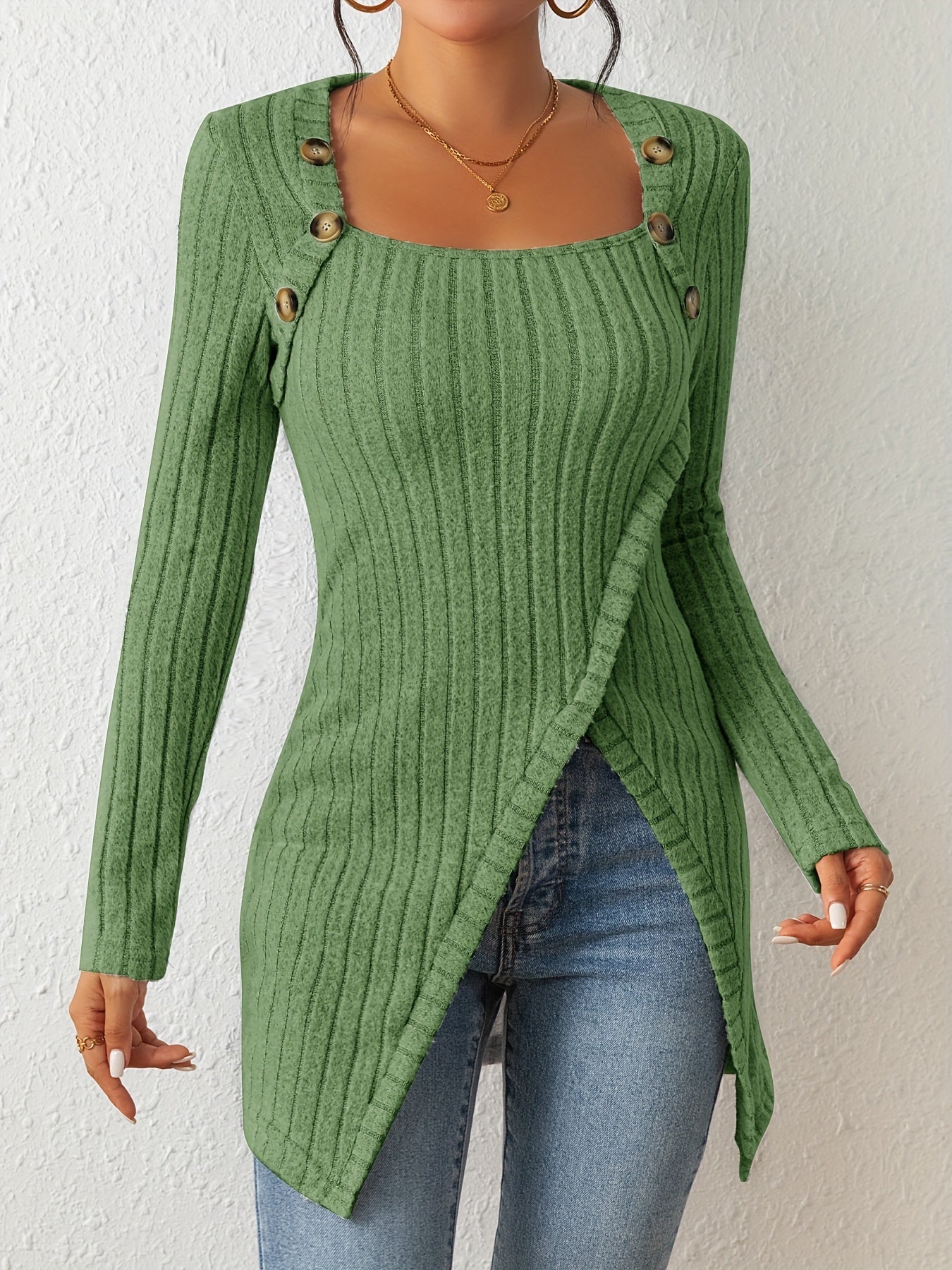 Sixsr Ribbed Button Decor Asymmetrical Hem T-Shirt, Casual Long Sleeve Top For Spring & Fall, Women's Clothing