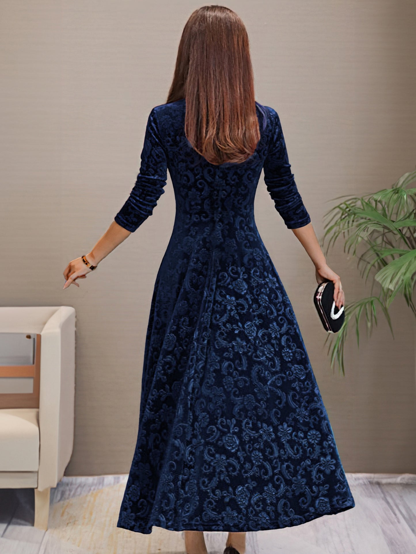 Sixsr Solid Color Long Sleeve Dress, Elegant V Neck Flared Dress For Spring & Fall, Women's Clothing