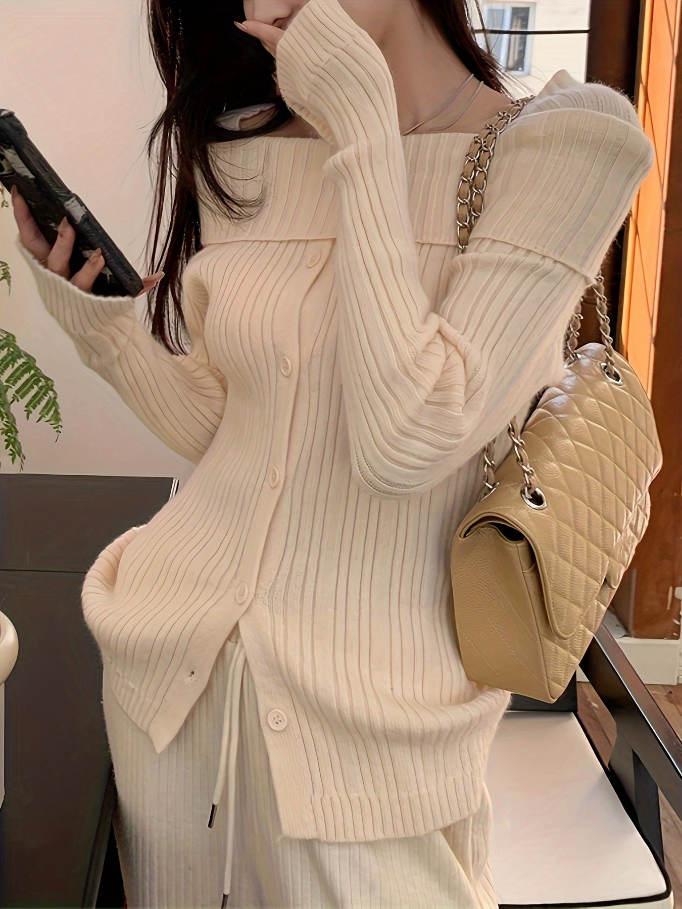 Sixsr Solid Off Shoulder Rib Knit Sweater, Elegant Button Front Long Sleeve Slim Sweater, Women's Clothing