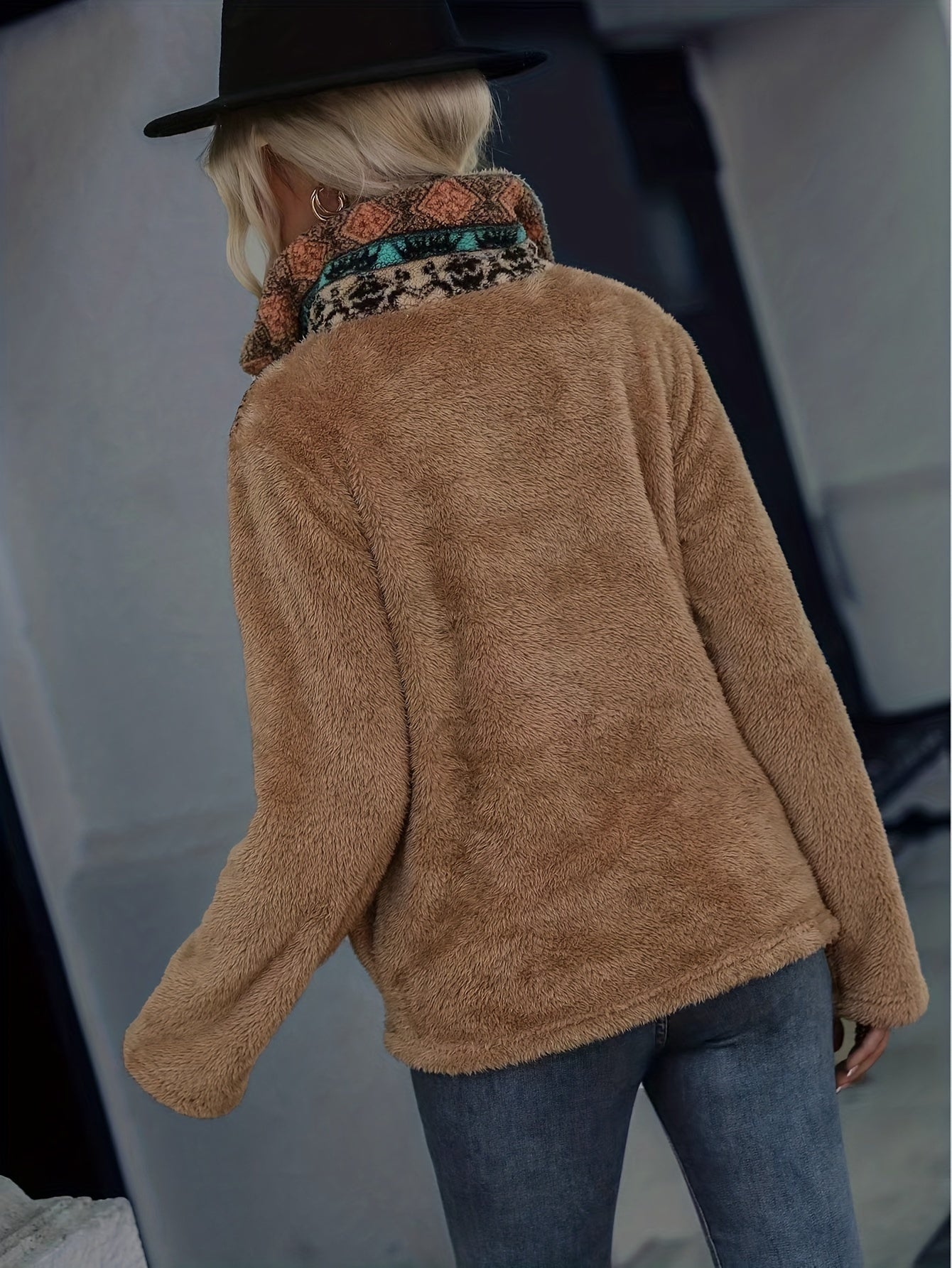 Sixsr Ethnic Pattern Teddy Coat, Vintage Zipper Long Sleeve Outerwear, Women's Clothing