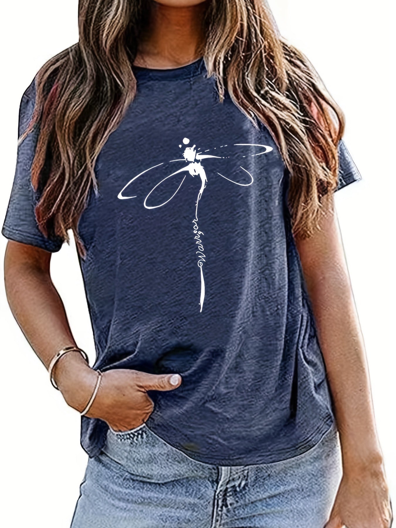 Sixsr Dragonfly Print Crew Neck T-Shirt, Casual Short Sleeve T-Shirt For Spring & Summer, Women's Clothing