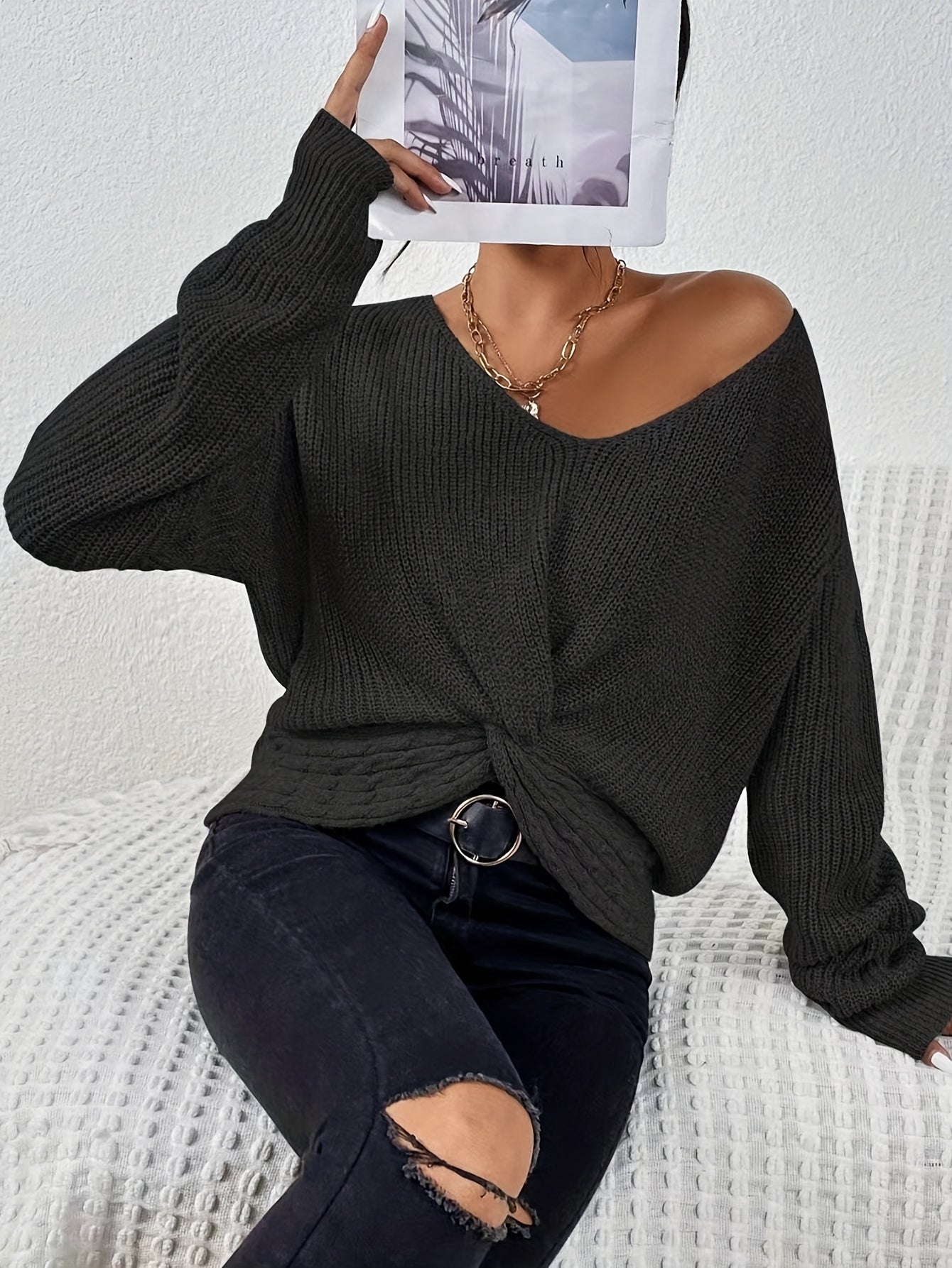 Sixsr Solid V Neck Twist Dipped Hem Pullover Sweater, Casual Long Sleeve Sweater For Spring & Fall, Women's Clothing