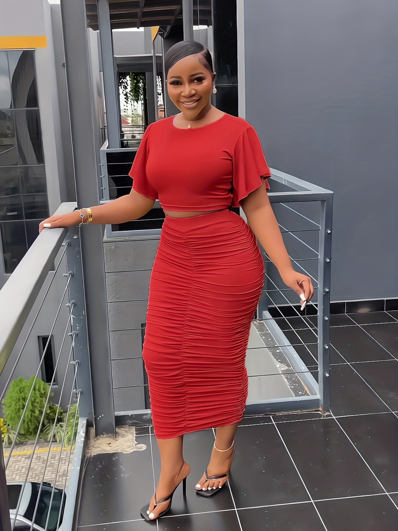 Sixsr T-shirt & Bodycon Skirts Solid Two-piece Set, Flared Sleeve Crop T-shirt & Ruched Midi Skirts, Women's Clothing