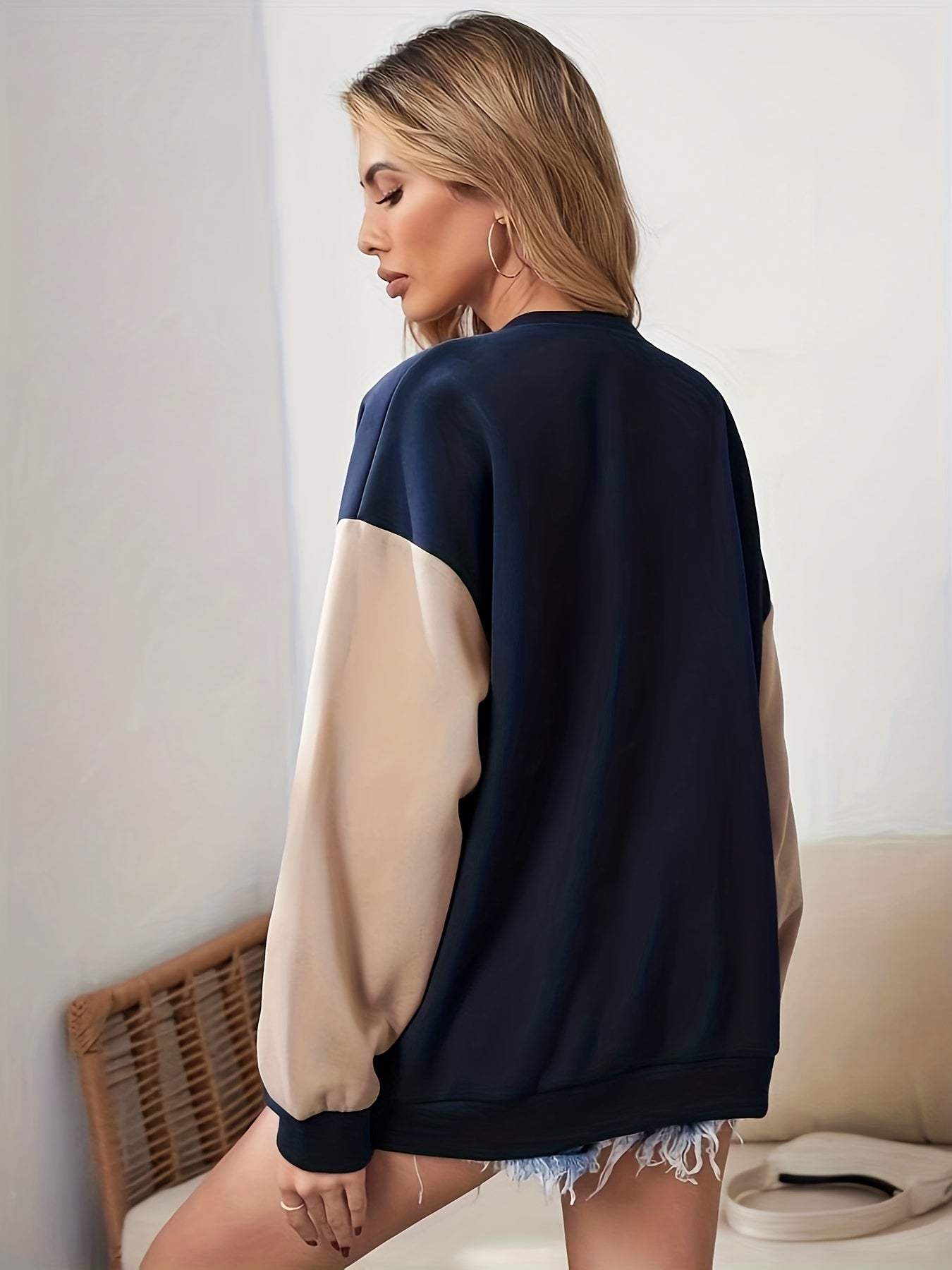 Sixsr Letter Pattern Button Front Jacket, Casual Long Sleeve Color Block Jacket For Fall & Winter, Women's Clothing