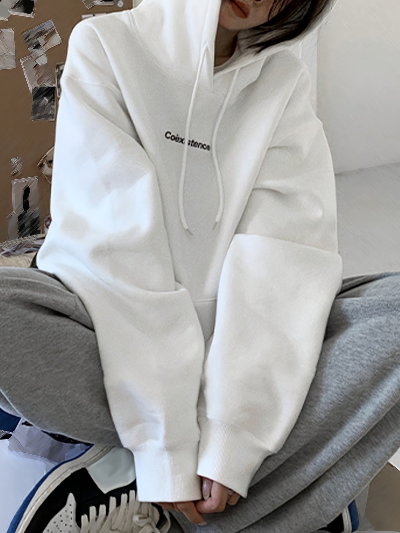 Sixsr Letter Pattern Kangaroo Pocket Hoodie, Casual Long Sleeve Drawstring Hoodies Sweatshirt, Women's Clothing