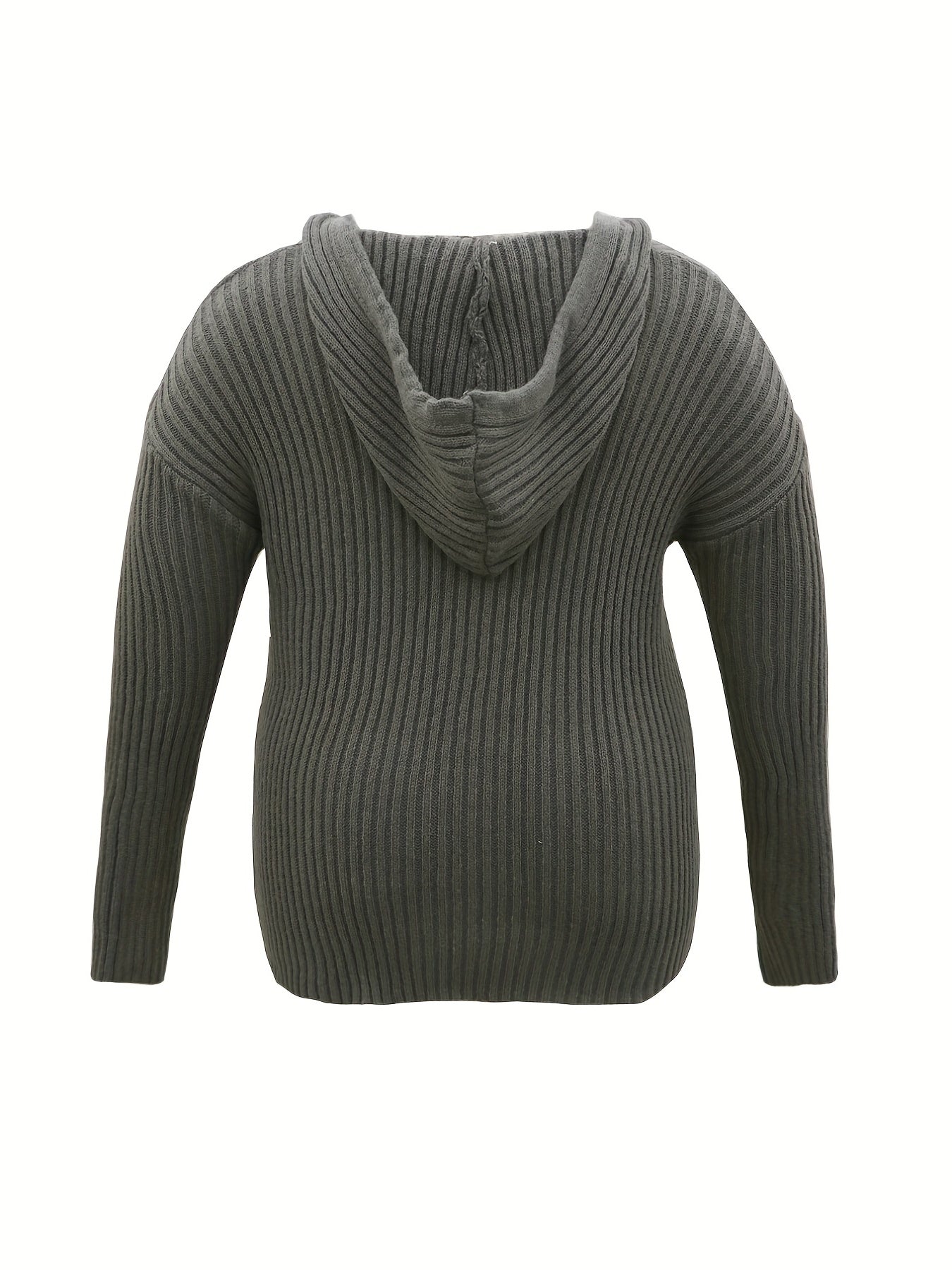 Sixsr Plus Size Casual Knit Top, Women's Plus Solid Ribbed Long Sleeve Drawstring Hooded Knit Top