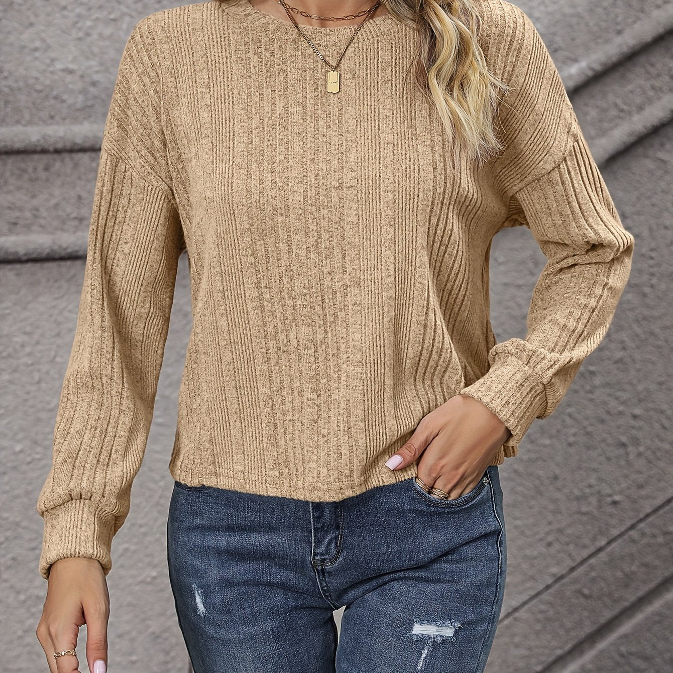 Sixsr Solid Crew Neck Pullover Sweater, Casual Long Sleeve Sweater For Spring & Fall, Women's Clothing