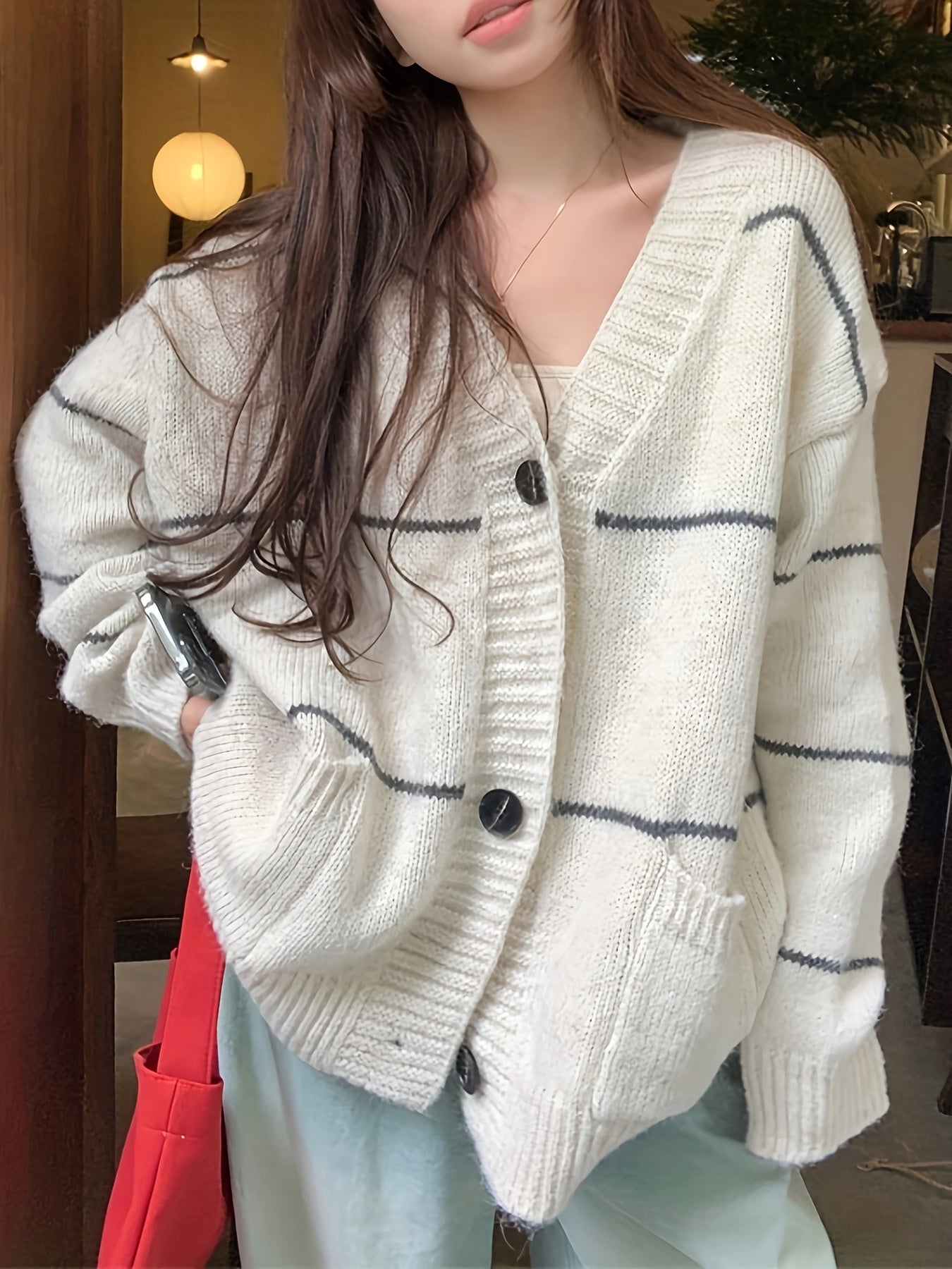 Sixsr Striped Button Front Cardigan, Casual Long Sleeve Drop Shoulder Outwear, Women's Clothing