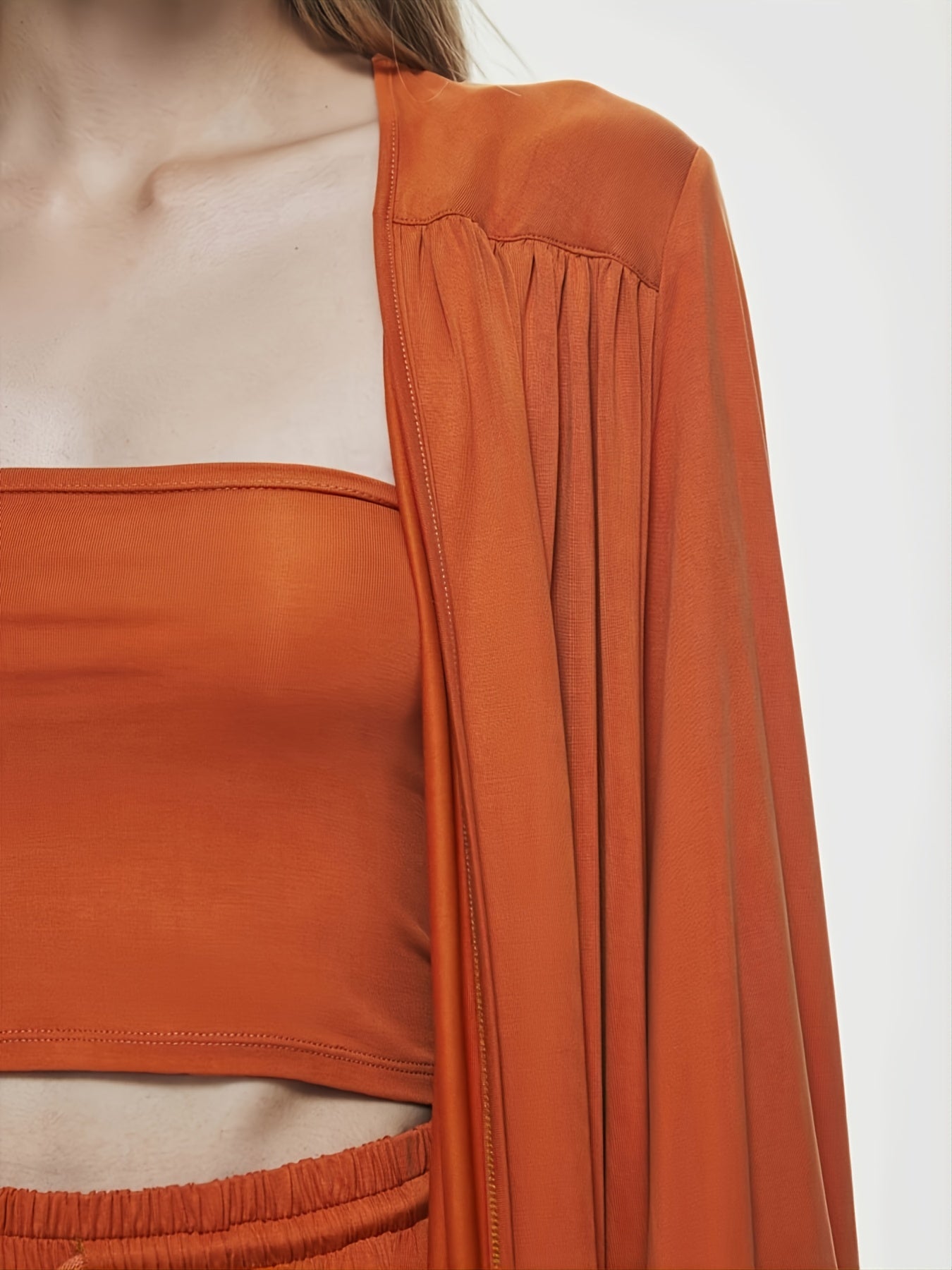 Sixsr Women's Three-piece Sleeping Loungewear Set, Solid Long Sleeve Cardigan & Strapless Crop Cami Top & Tie Waist Wide Leg Pants, Women's Clothing