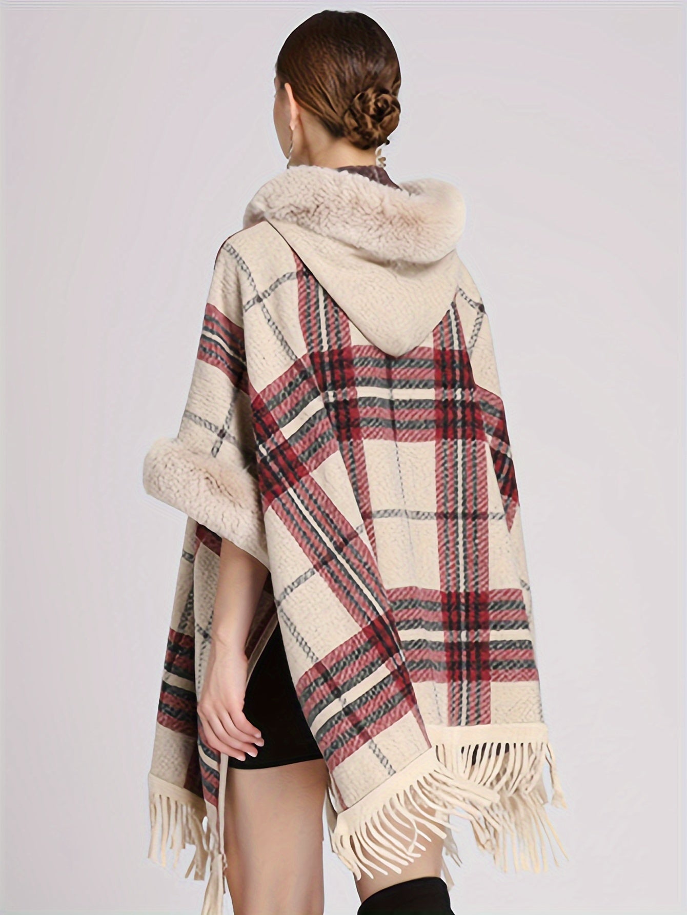 Sixsr Fuzzy Trim Plaid Cape Cardigan, Elegant Tassel Open Front Shawl Tops, Women's Clothing