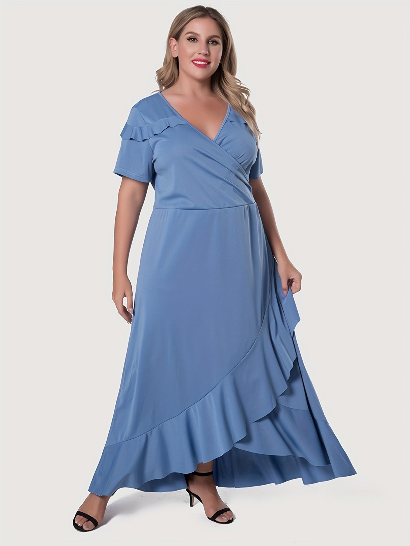 Sixsr Plus Size Elegant Dress, Women's Plus Plain Surplice Neck Ruffle Trim Short Sleeve Maxi Dress