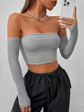 Sixsr Y2K Off Shoulder Solid Crop Top, Sexy Long Sleeve Bodycon Fit T-shirt, Women's Clothing