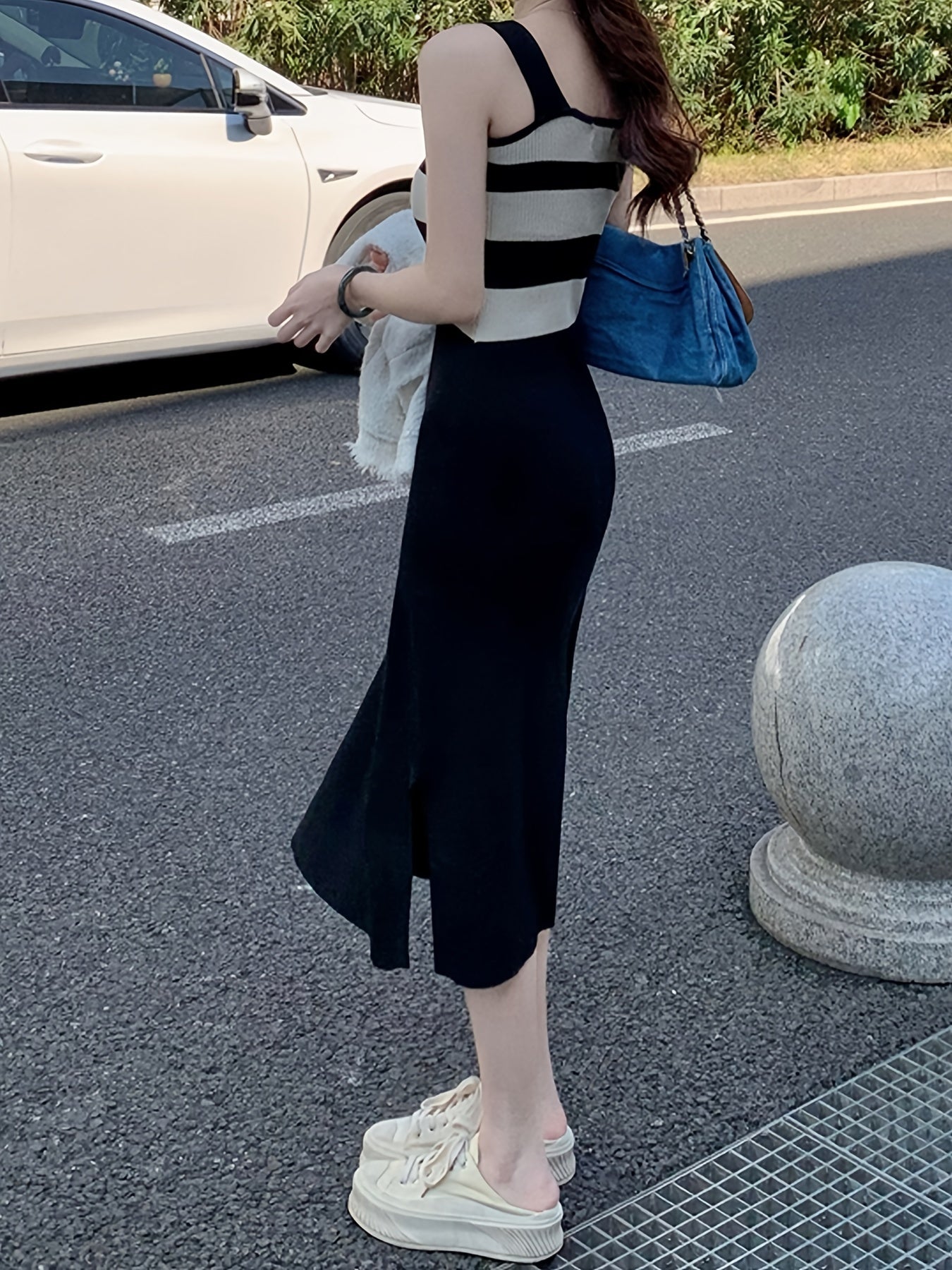 Sixsr Knitted Striped Tank Dress, Color Block Side Slit Casual Dress, Women's Clothing