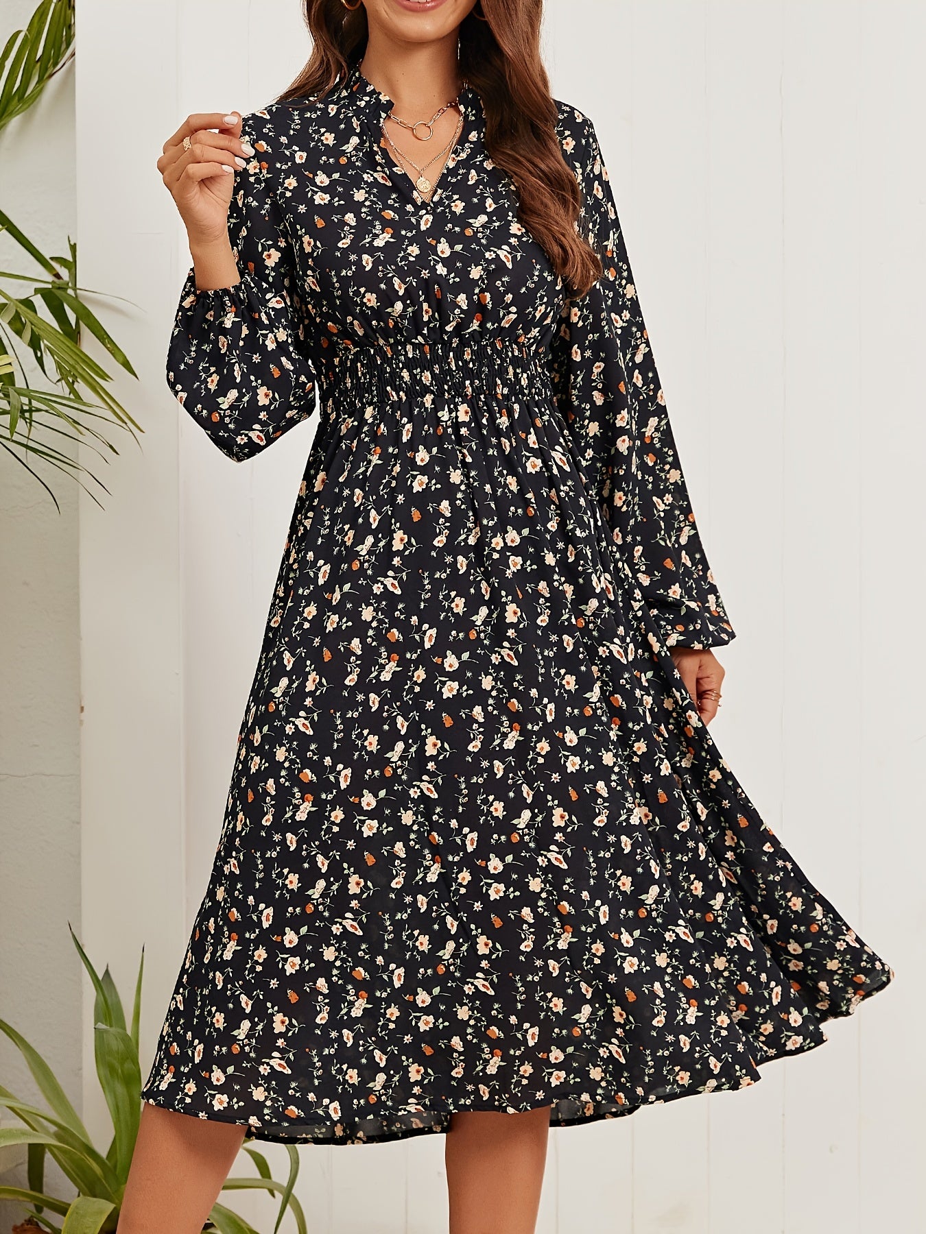 Sixsr Floral Print Elegant Slim Dress, Long Sleeve Casual Every Day Dress For All Season, Women's Clothing