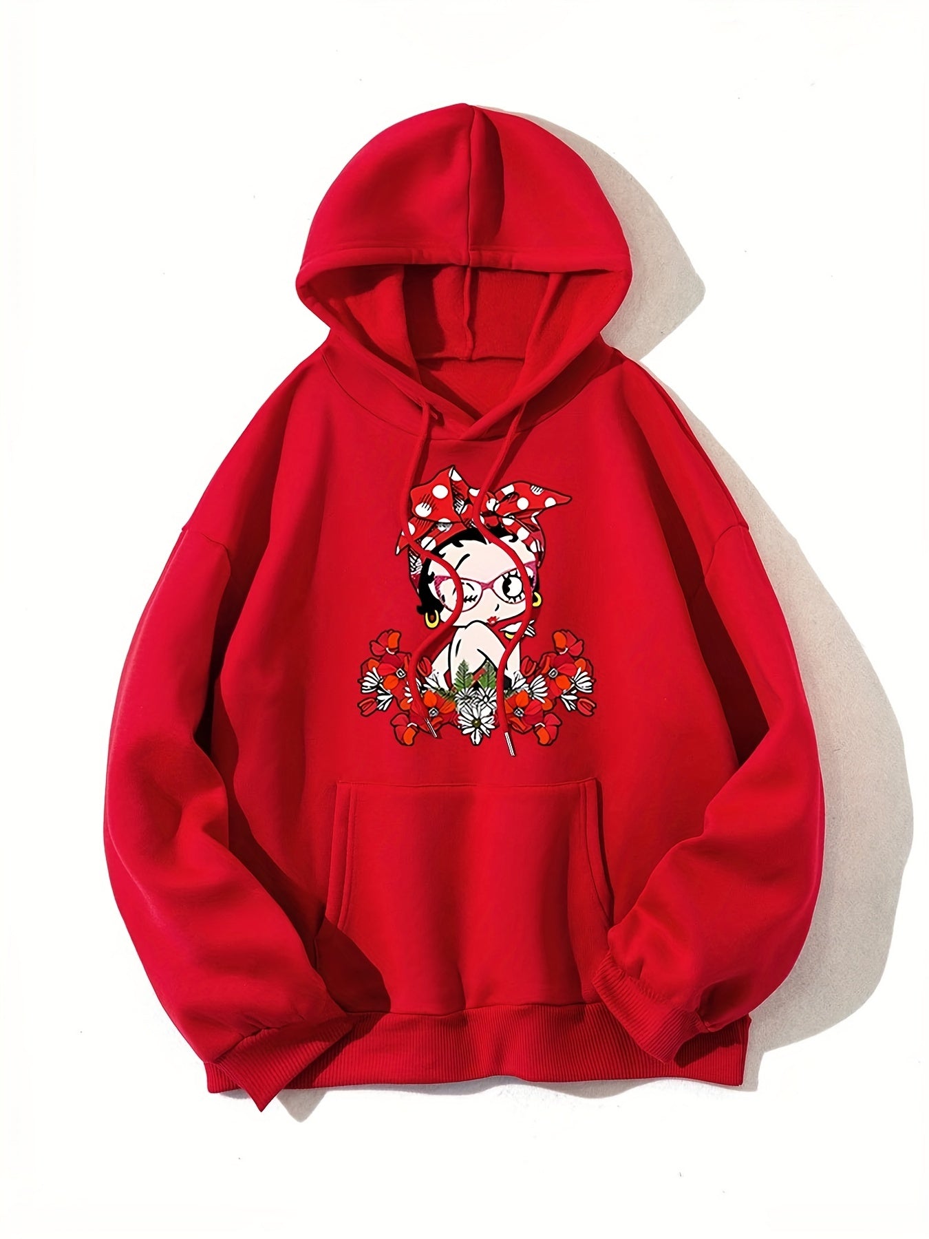 Sixsr Plus Size Casual Sweatshirt, Women's Plus Cute Lady & Floral Print Long Sleeve Drawstring Hooded Pullover Sweatshirt With Kangaroo Pockets, Casual Tops For Fall & Winter, Plus Size Women's Clothing