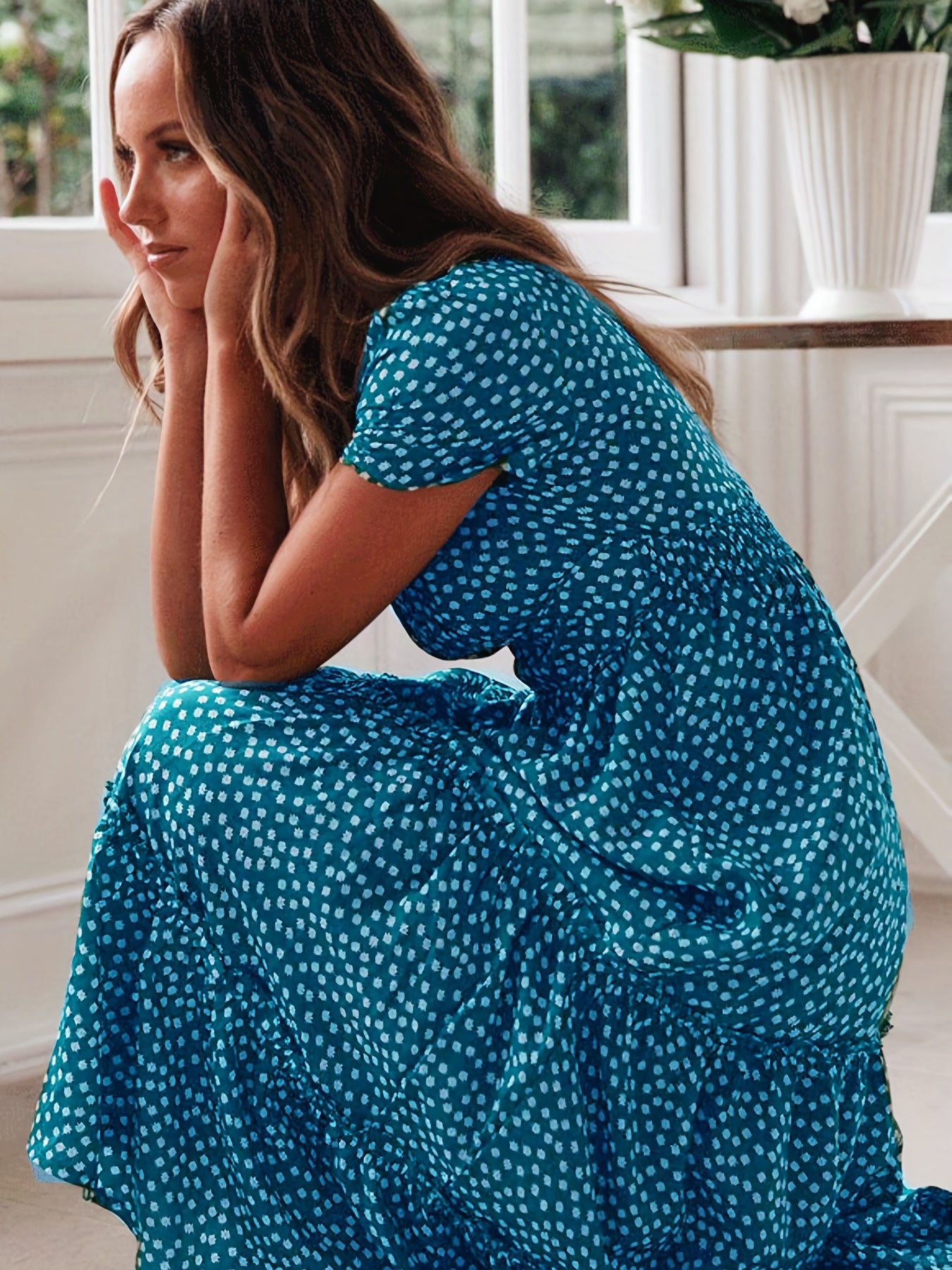 Sixsr Floral Print Square Neck Dress, Boho Puff Sleeve High Waist Tiered Flowy Summer Maxi Dresses, Women's Clothing