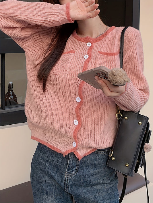 Sixsr Contrast Trim Button Front Cardigan, Chic Long Sleeve Dual Pockets Knit Cardigan, Women's Clothing