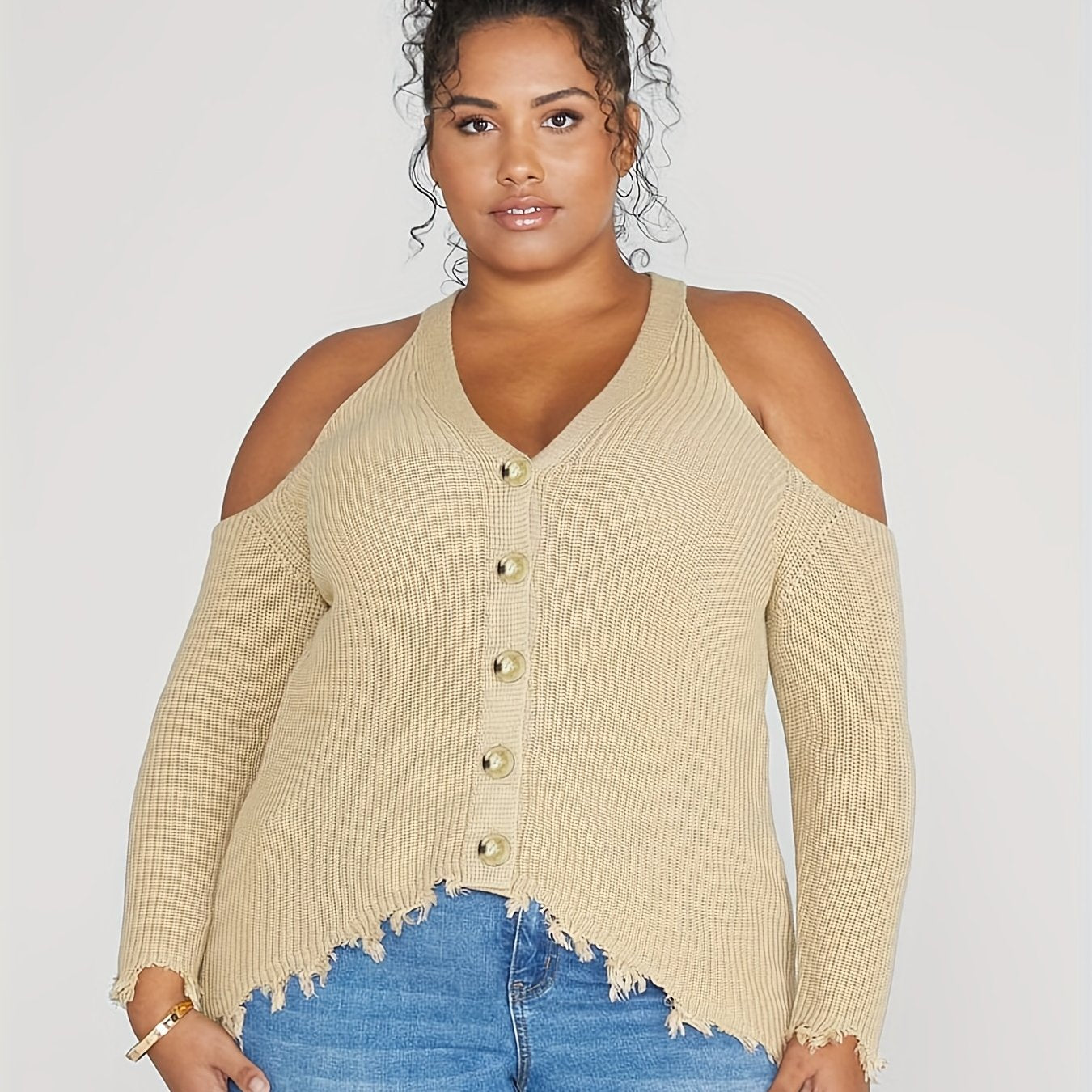 Sixsr Plus Size Elegant Sweater, Women's Plus Long Sleeve Cold Shoulder Fringe Trim Sweater