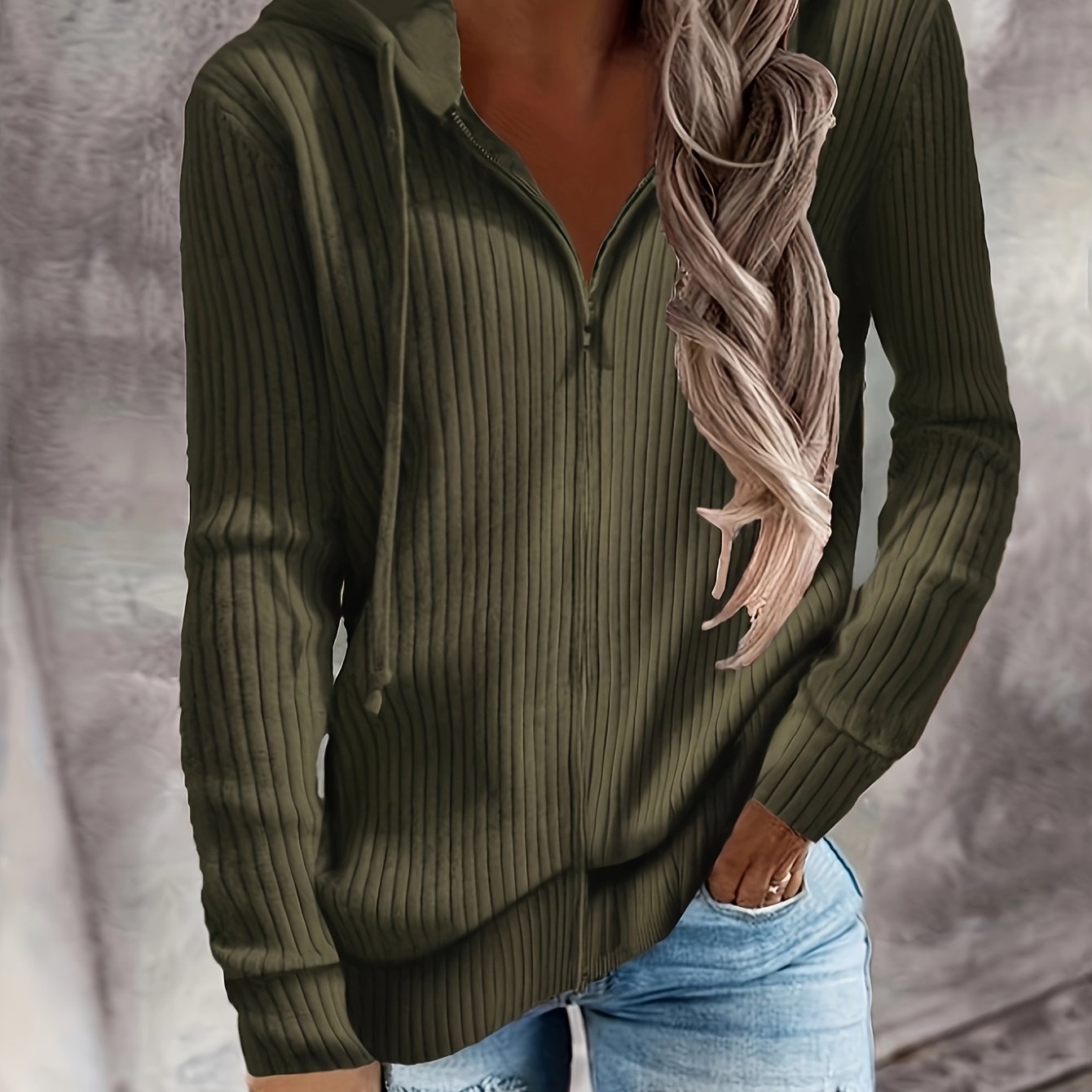 Sixsr Plus Size Casual Coat, Women's Plus Solid Ribbed Zip Up Long Sleeve Drawstring Hoodie Sweater