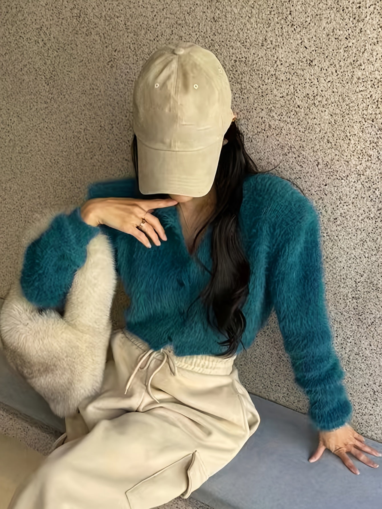 Sixsr Solid Color Button Front Cardigans Top, Casual Slim Fuzzy Long Sleeve Crop Top For Fall & Winter, Women's Clothing