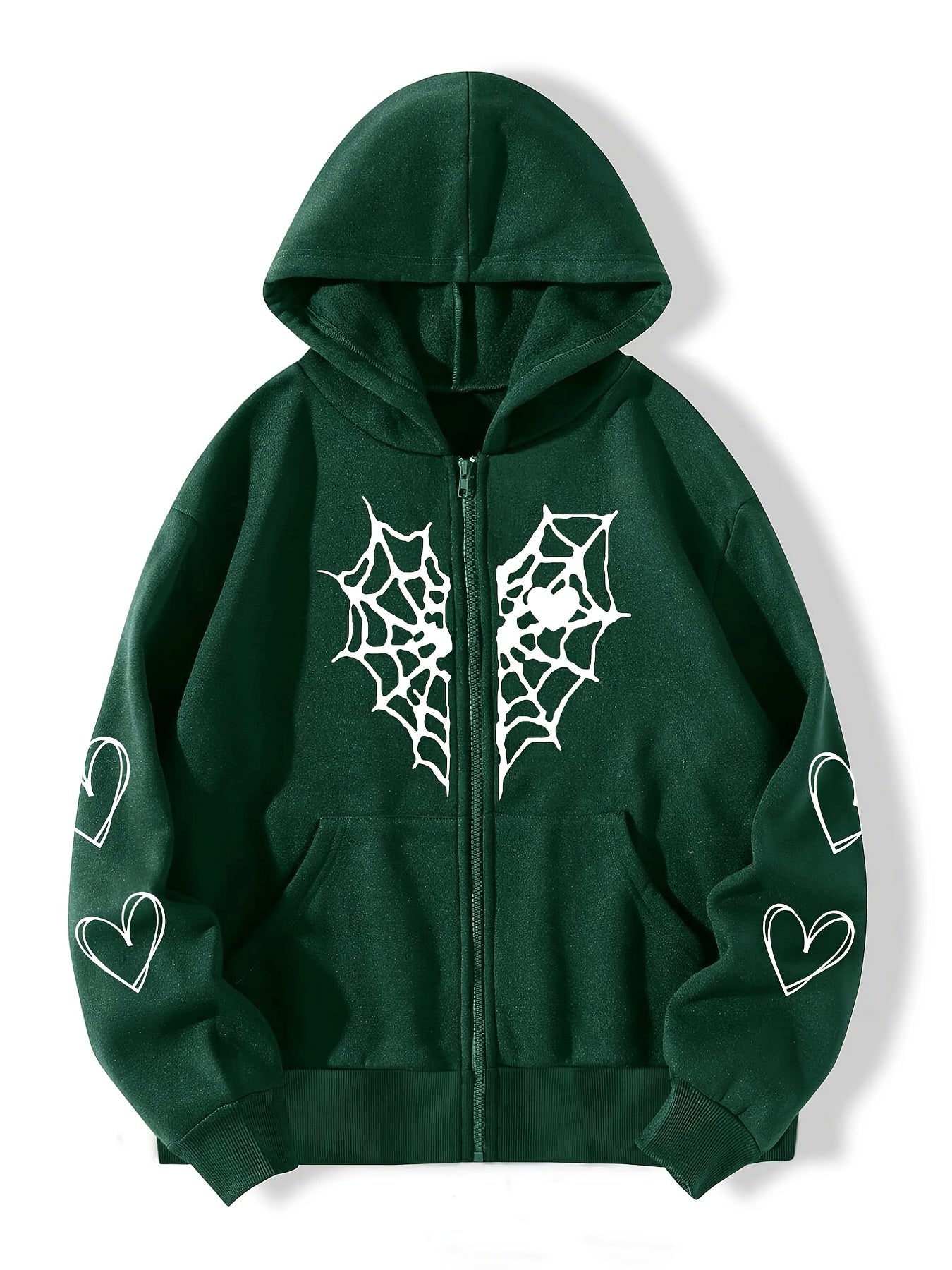 Sixsr Spider Web Heart-shaped Print Drawstring Loose Hoodies, Casual Zipper Hooded Pocket Fashion Long Sleeve Sweatshirt, Women's Clothing