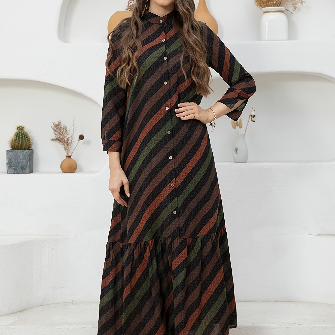 Sixsr Color Block Striped Print Dress, Vintage Button Front Long Sleeve High Neck Ruched Dress, Women's Clothing